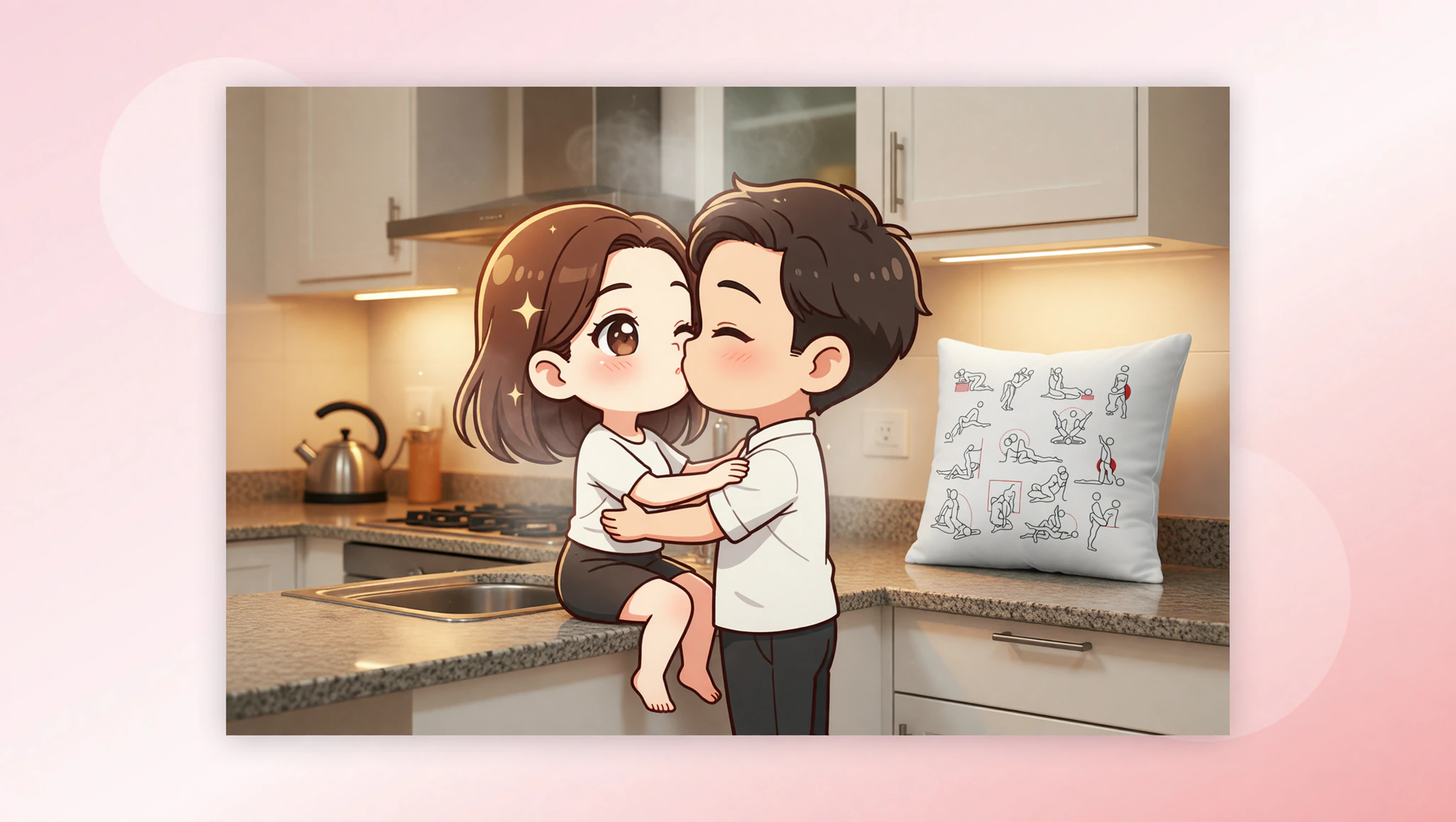 Passionate man and woman couple intimately connected on a kitchen countertop during a home heatwave session.