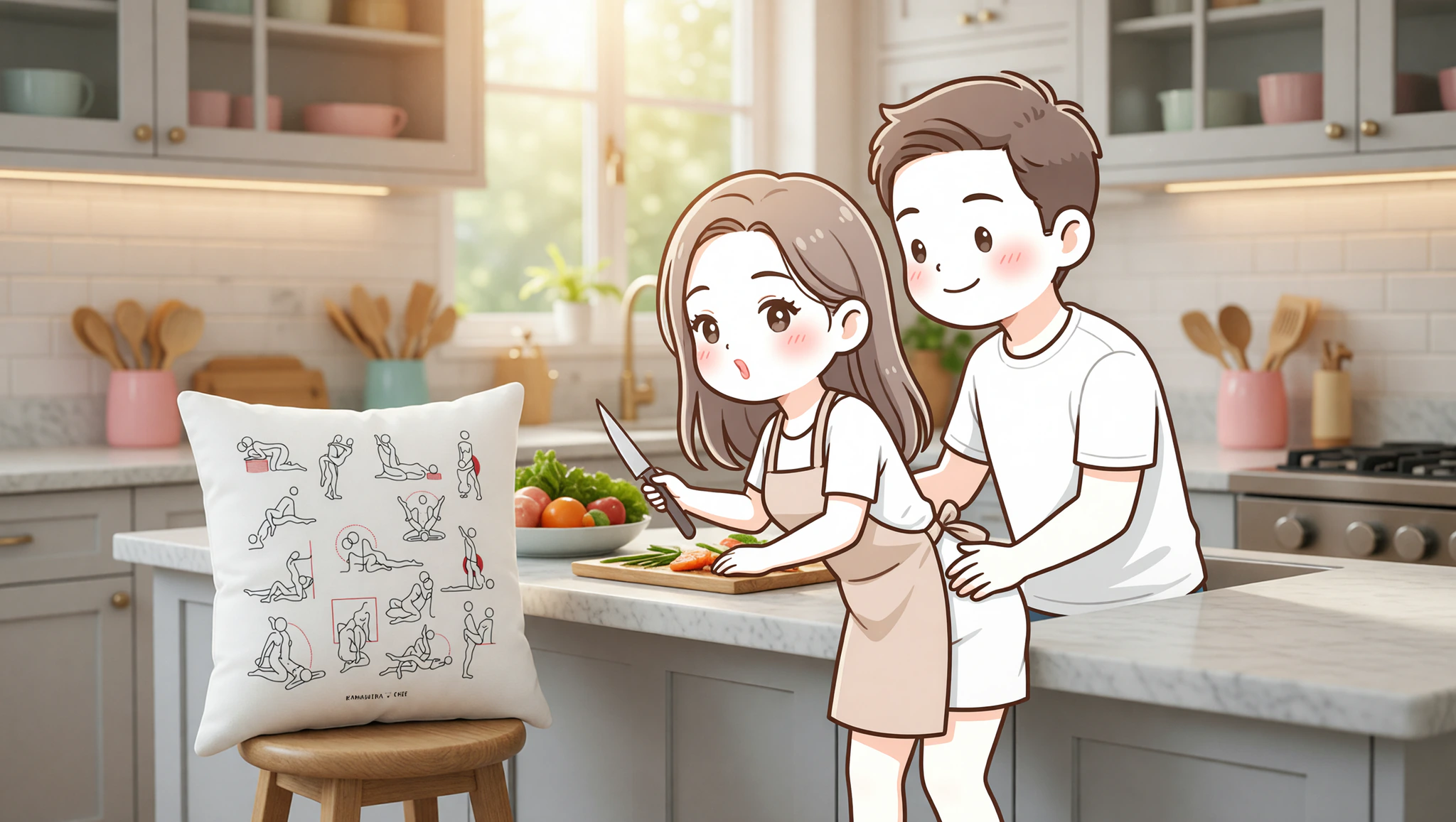 A flirty man-and-woman couple turning kitchen chores into steamy sexposition foreplay on the countertop.