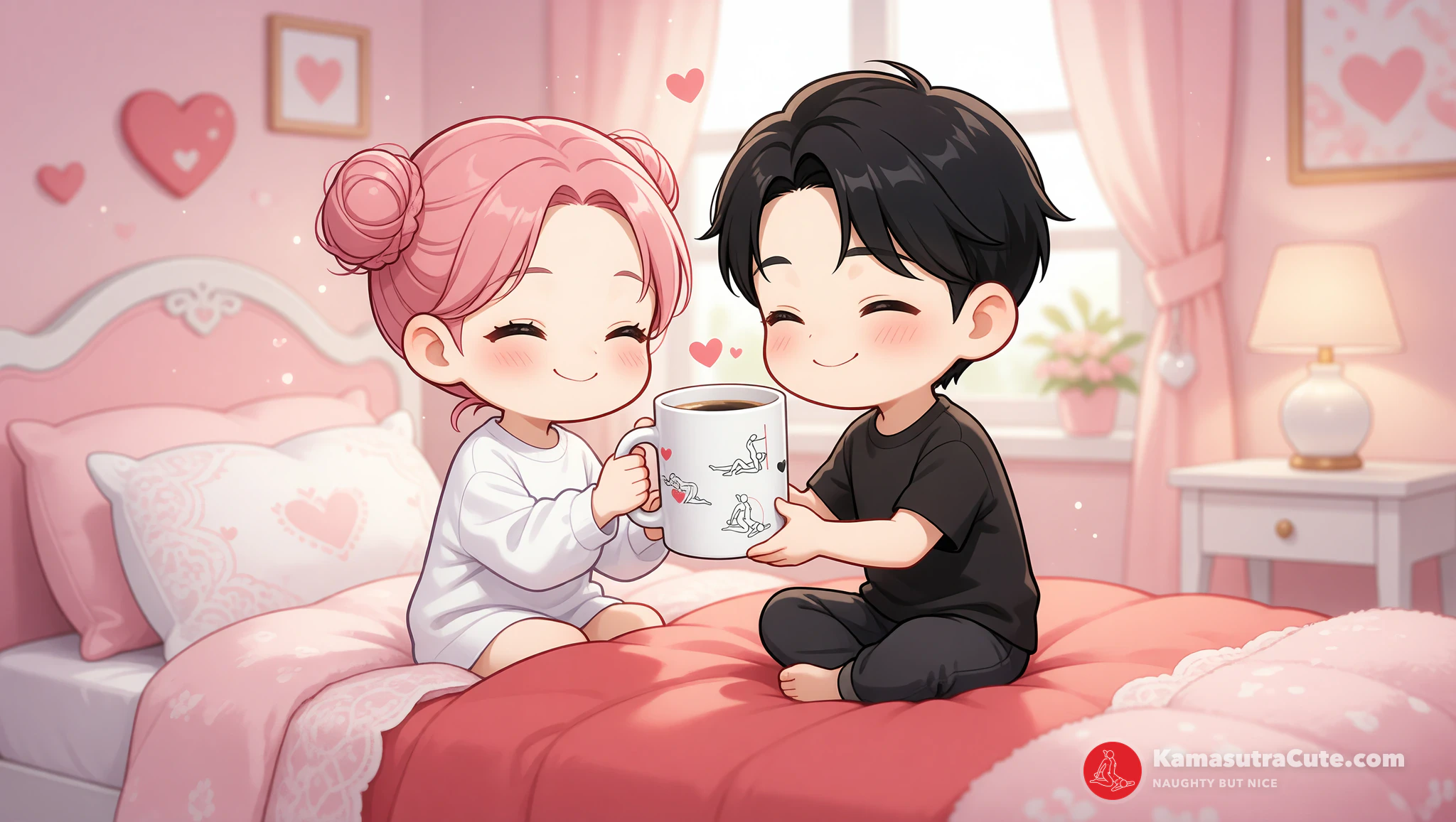 Couple cuddling in bed sharing Kamasutra Cute white glossy mug during morning coffee ritual