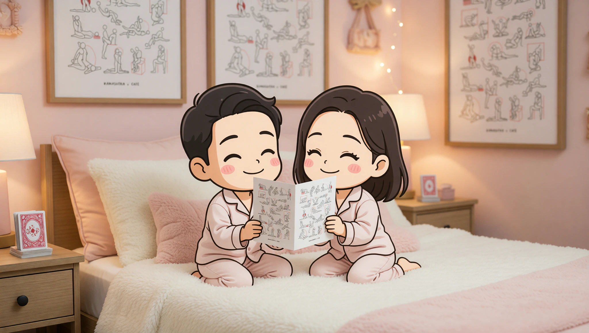 Man and woman cuddling in bedroom with Kamasutra position cards used as playful decor.