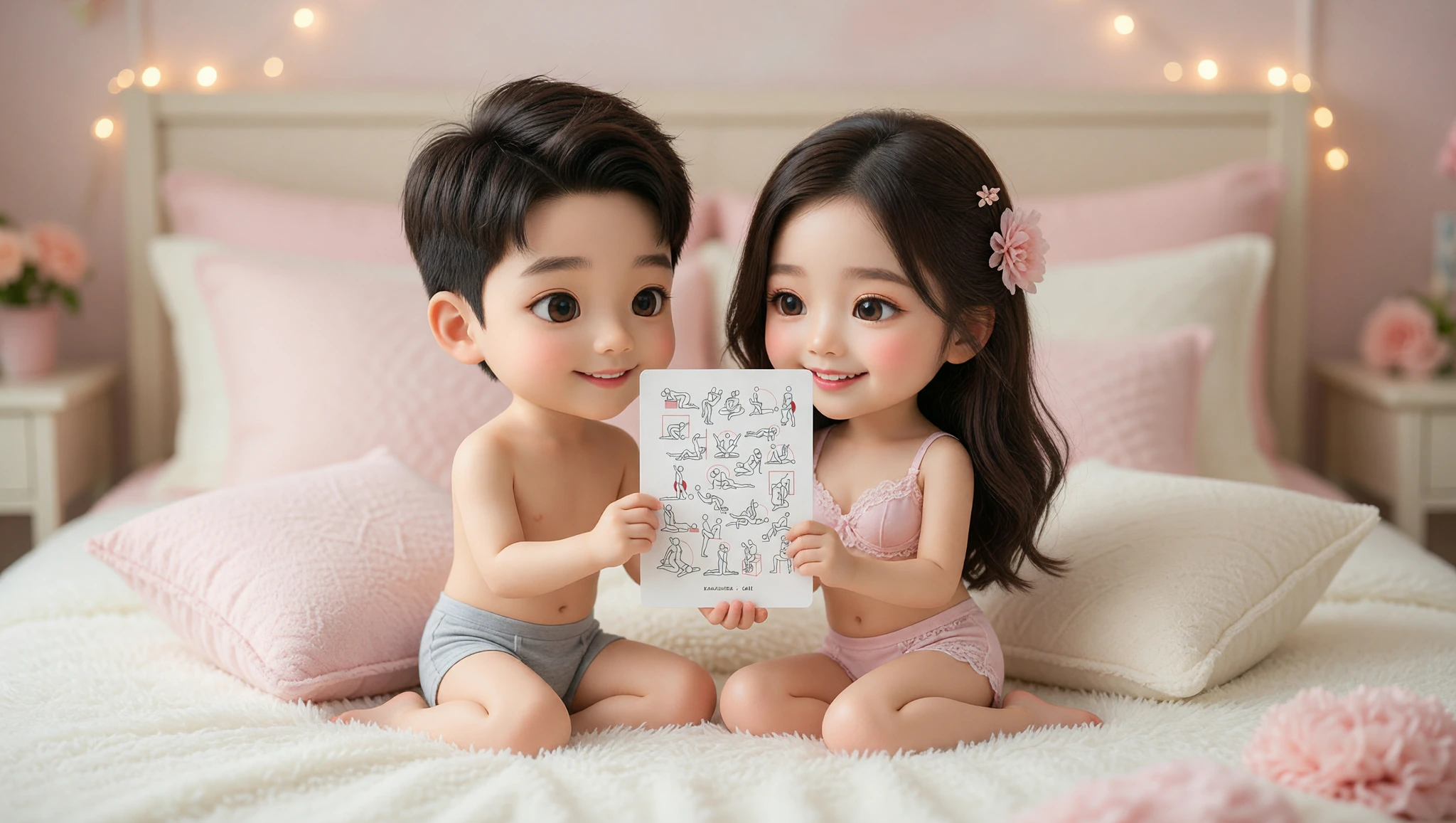 Ein frisch verheiratetes Paar in der Missionarstellung auf dem Bett, voller Nähe und Spaß.