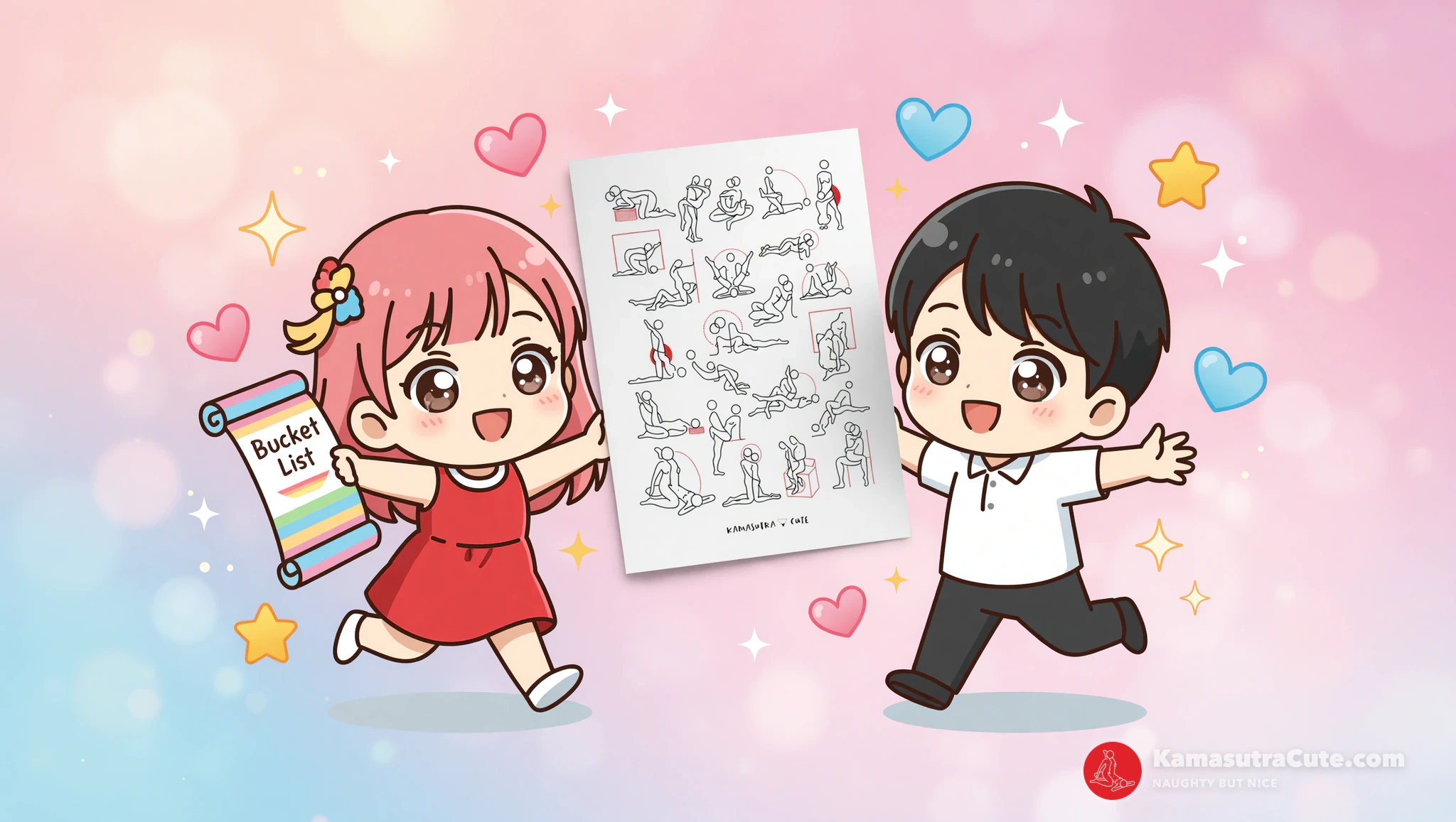 Lovers picnicking with playful Kamasutra poster poses under golden hour light.