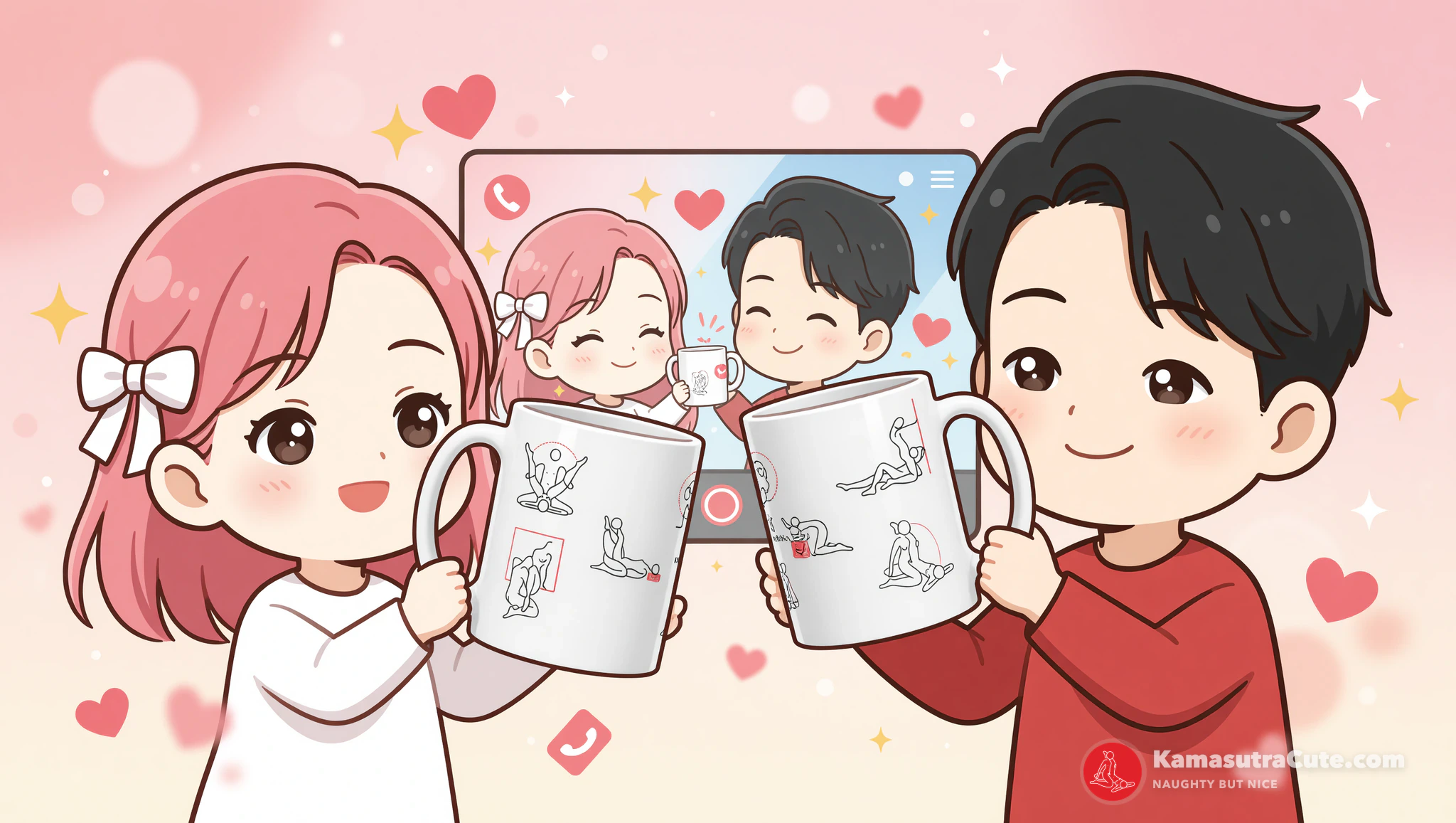 Couple celebrating LDR milestone with Kamasutra Cute - White glossy mugs on video call.