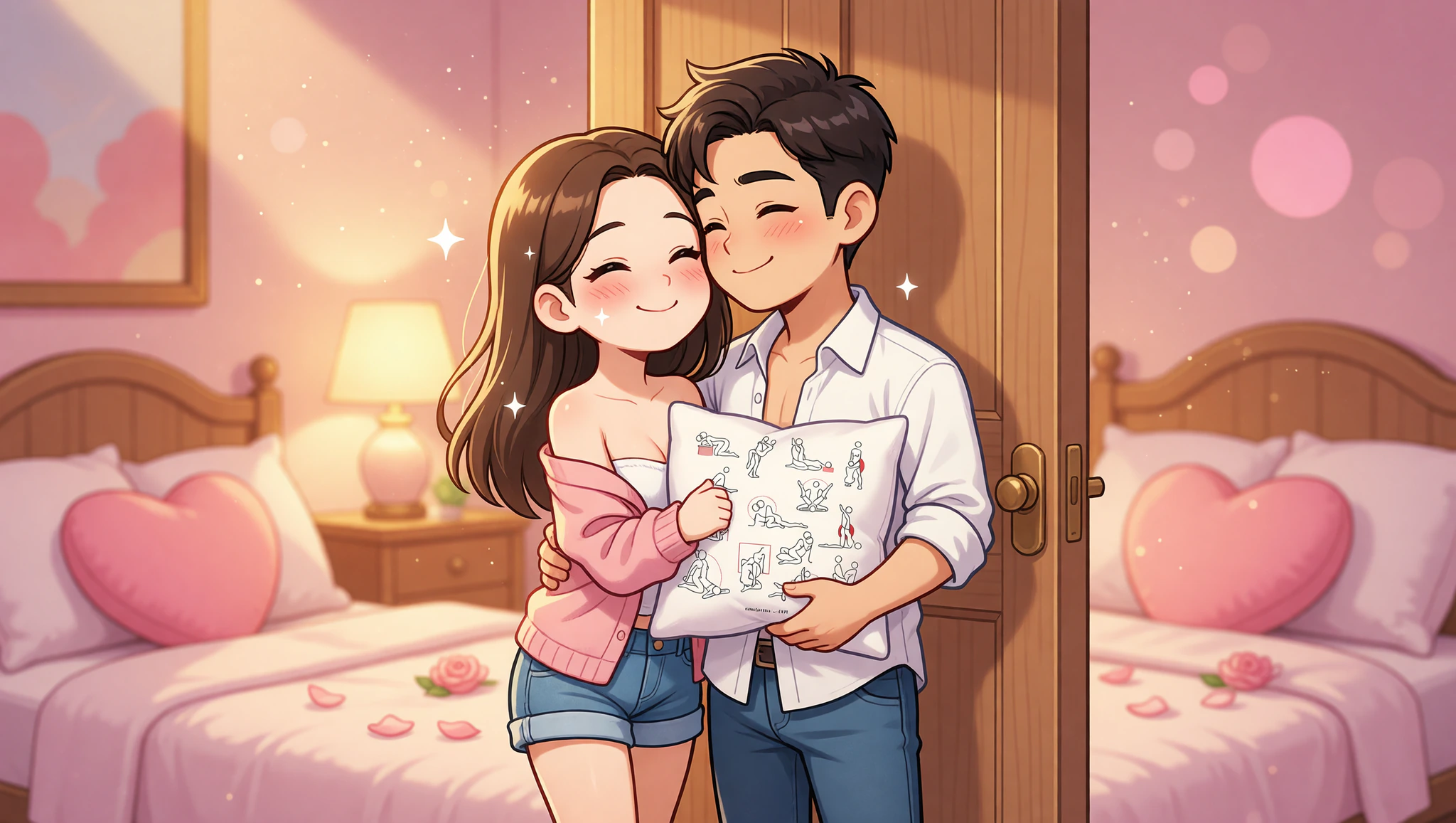 A man and woman locked in a heated standing embrace during their long-distance reunion in a softly lit bedroom.