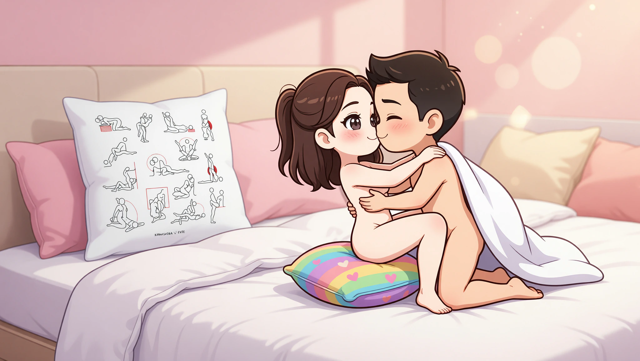 A man and woman passionately reconnecting in the Bridge of Bliss position, bridging miles with intimate elevation.