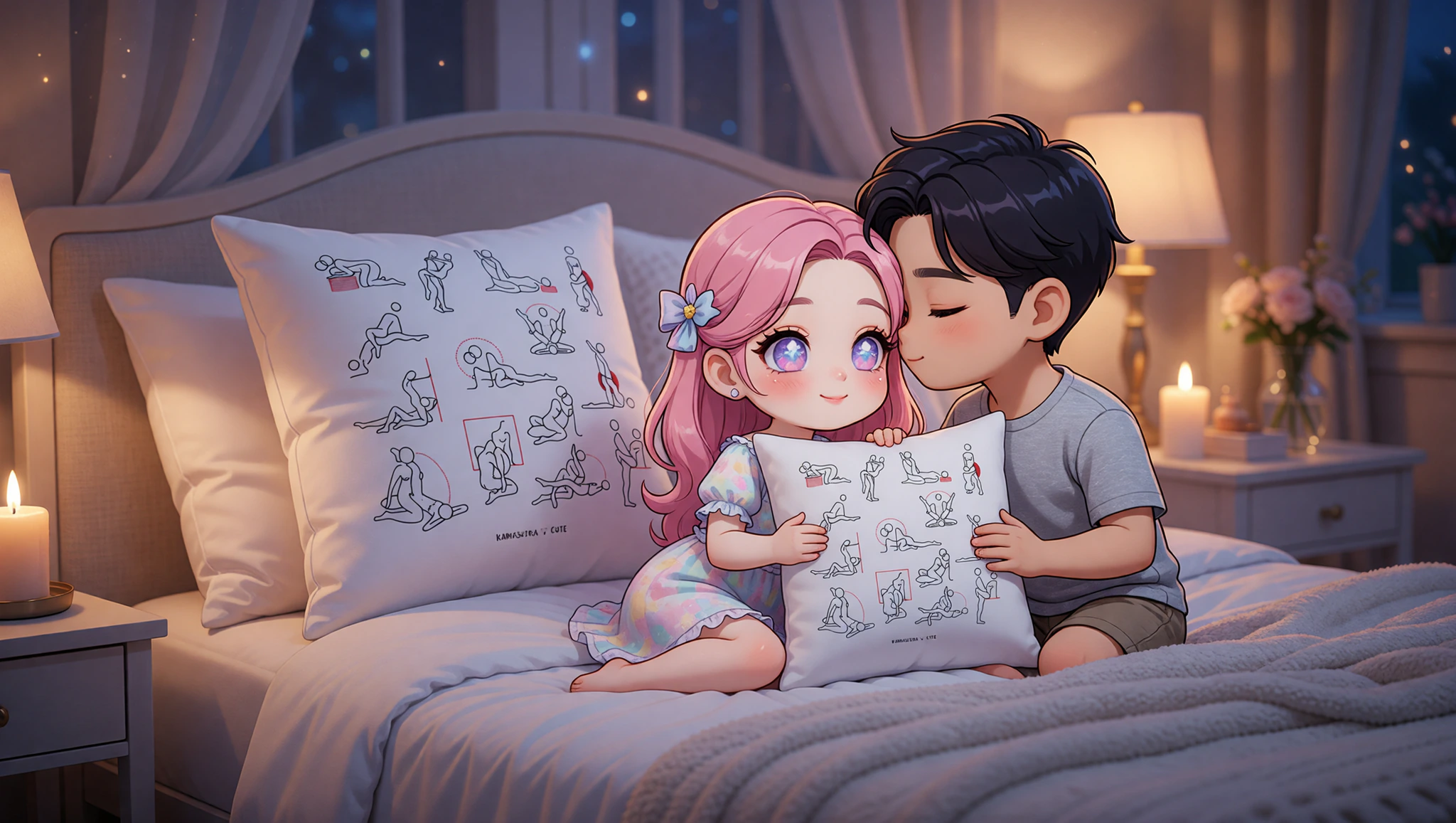 Pareja heterosexual en dormitorio elegante con luces bajas, explorando una pose del Kamasutra con pasión y conexión íntima.