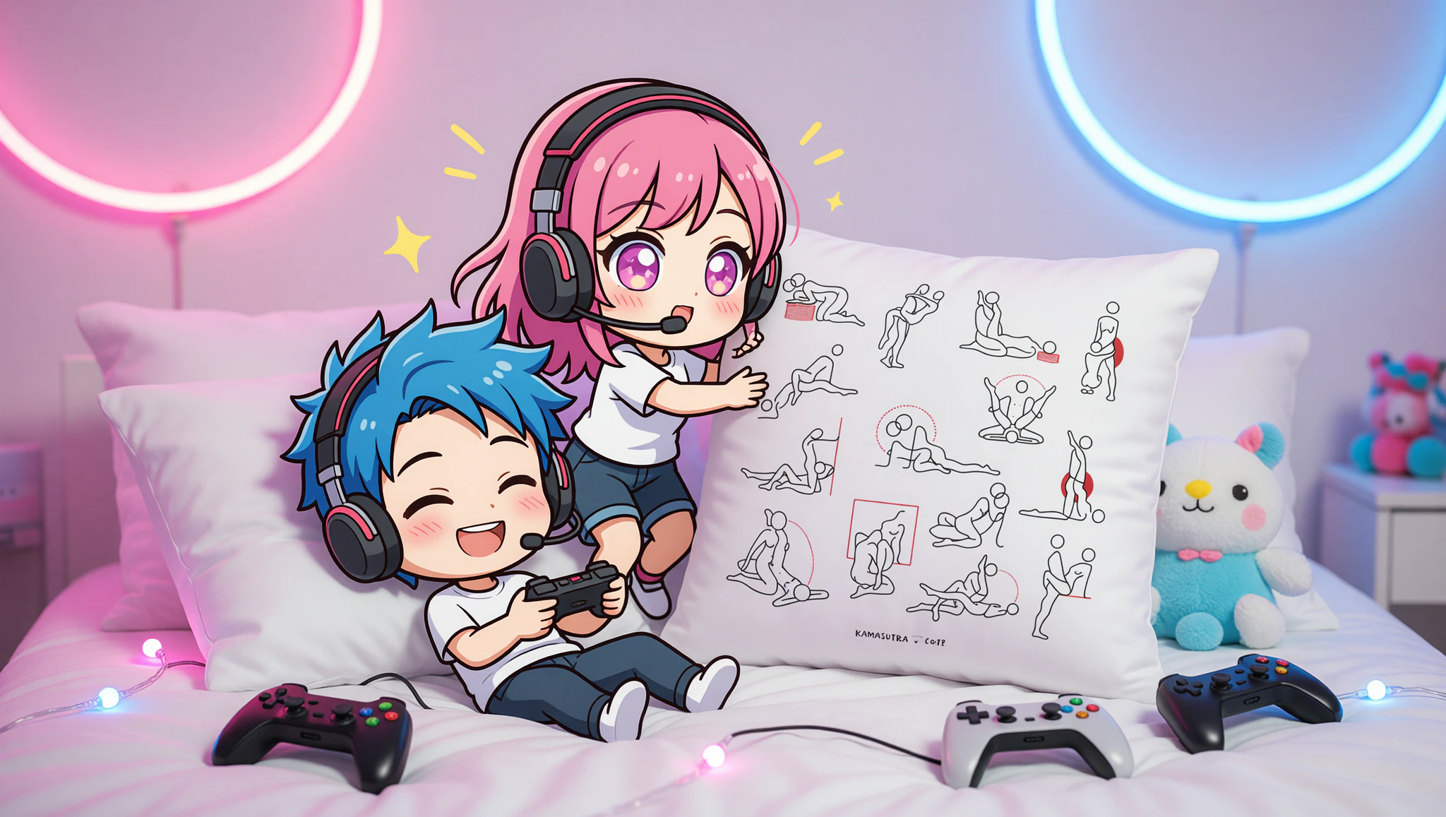 Excited gamer couple in bed blending video game elements with flirty intimacy.