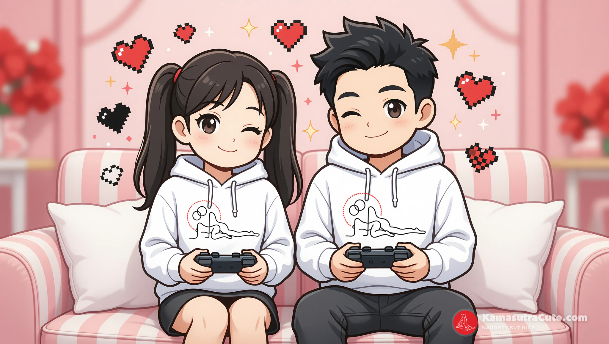 Couple in Kamasutra Cute Unisex Hoodies enjoying a flirty gaming date night.
