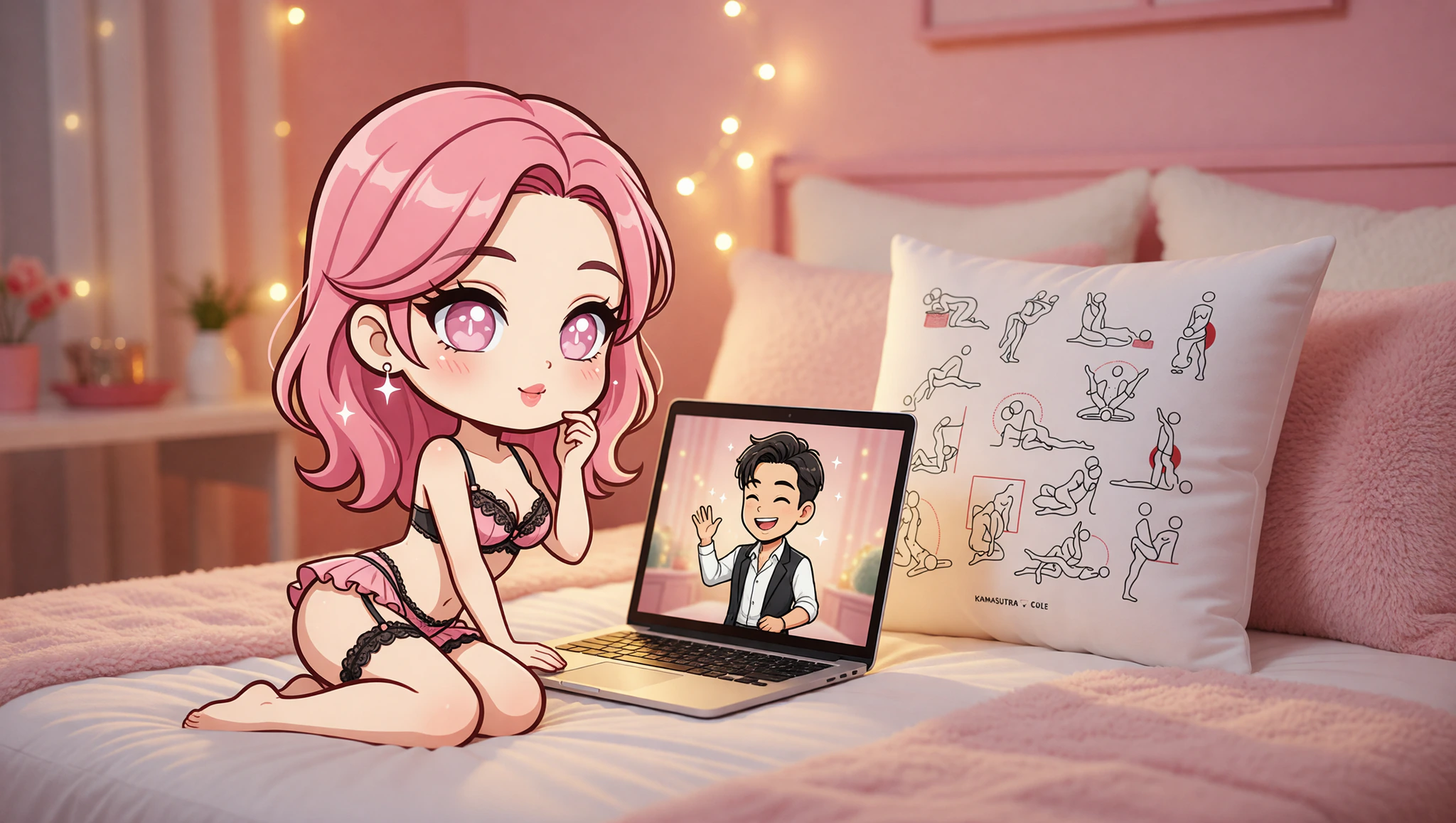 Pareja de hombre y mujer en pose de sexo puente elevado fusionando pasión a distancia con almohada de apoyo.