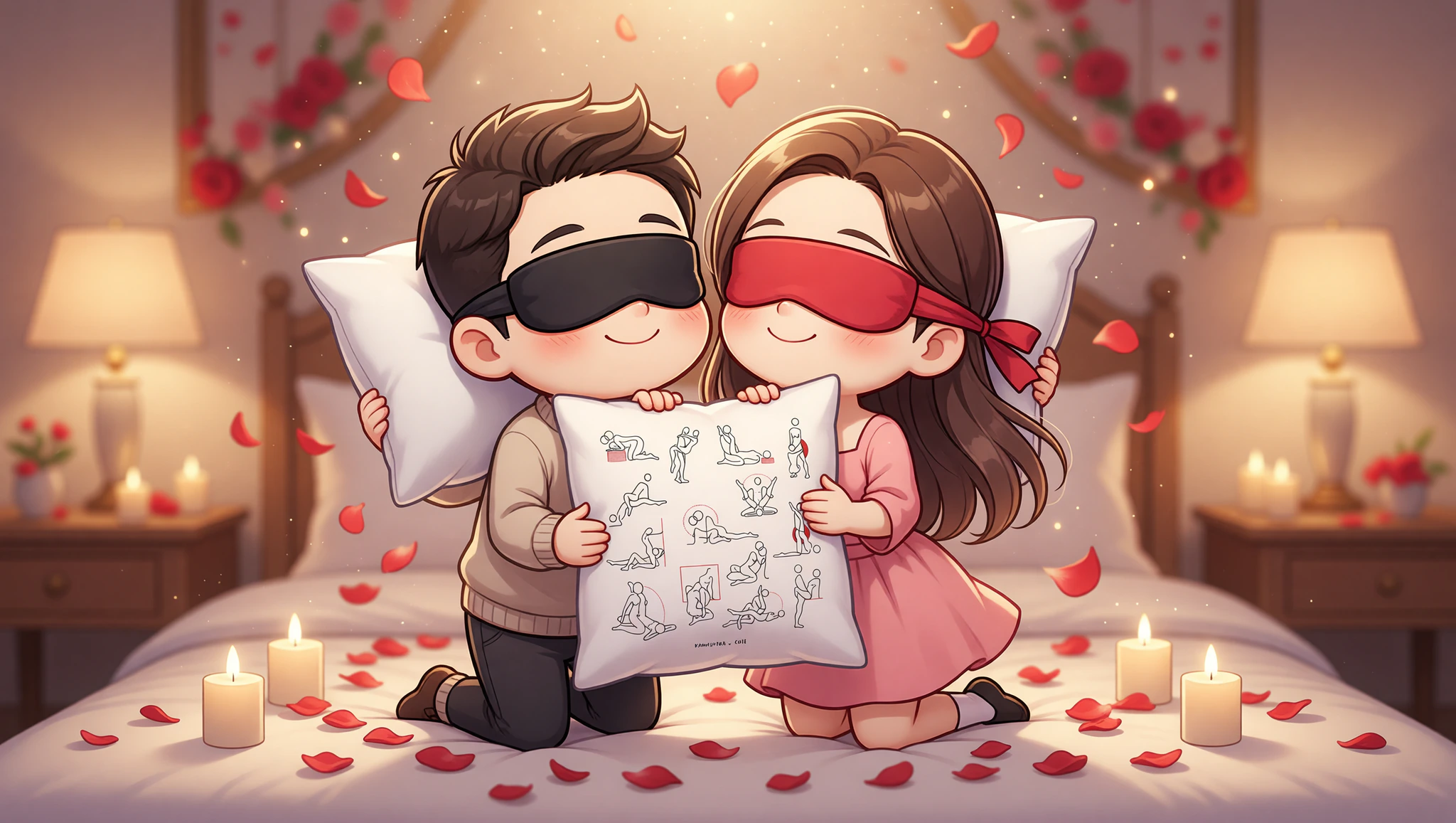 Pareja heterosexual en pose loto apasionada, celebrando aniversario con conexión ardiente.