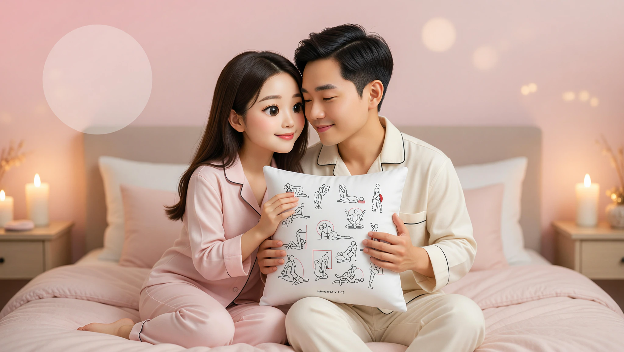 Man and woman couple sharing an intimate anniversary moment in bed with close embrace.