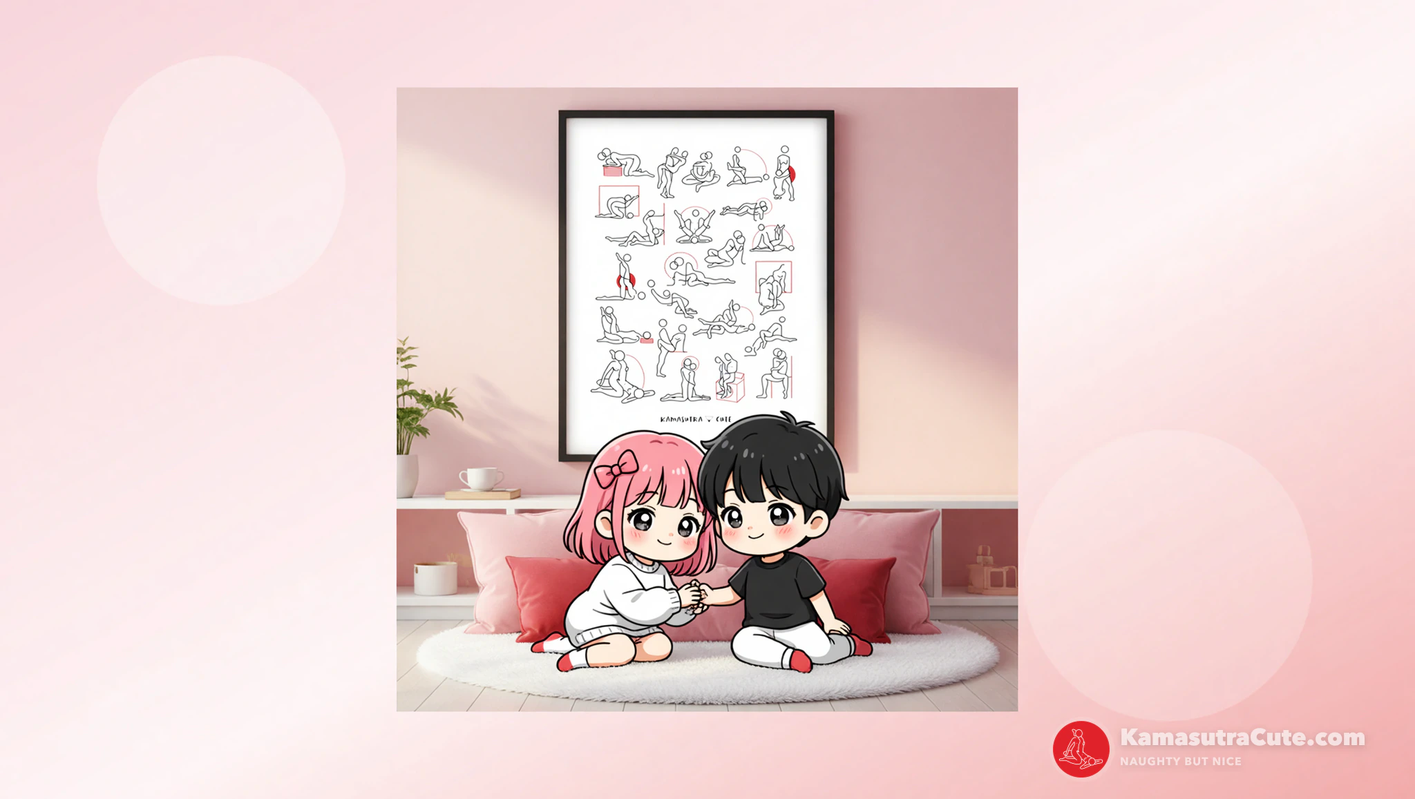 Elegant minimalist Kamasutra bedroom decor spotlighting the Kamasutra Cute Poster amid subtle spicy accents.