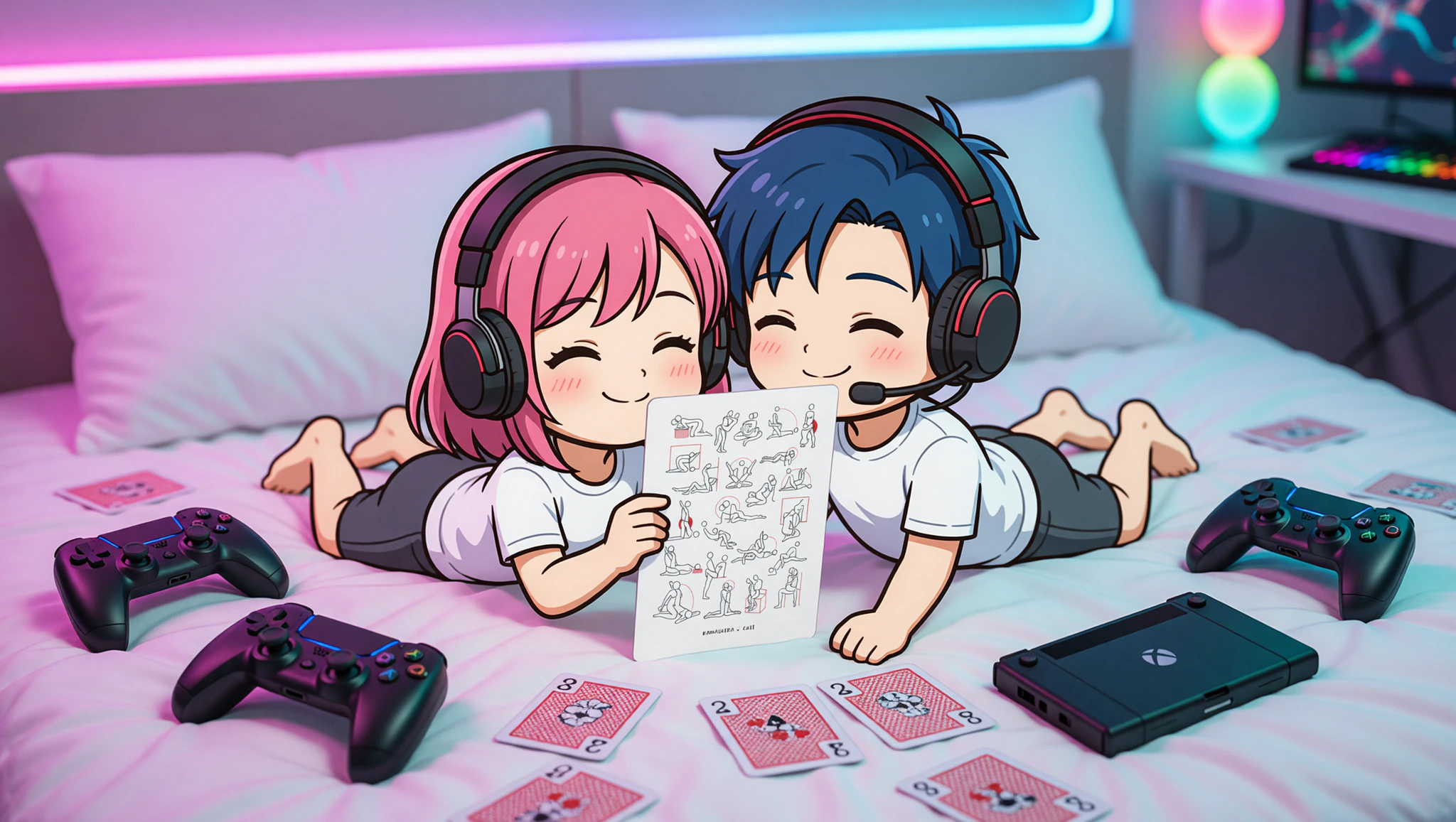 Gamer couple in Joystick Thrill Missionary pose with controllers and cards nearby.