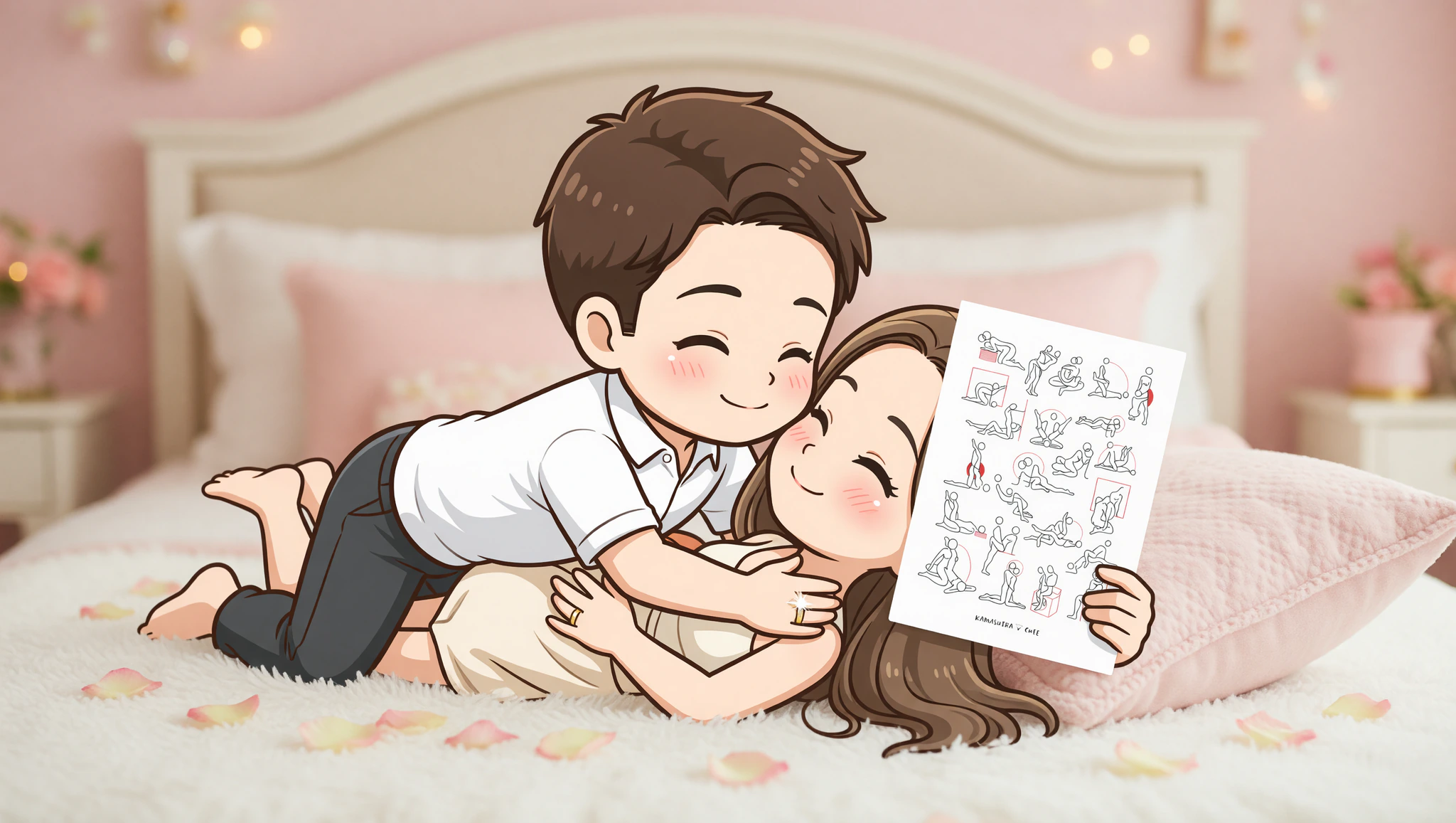 Frisch Vermählte Paar in zärtlicher Missionarsstellung mit intensivem Blickkontakt im warmen Schlafzimmer.