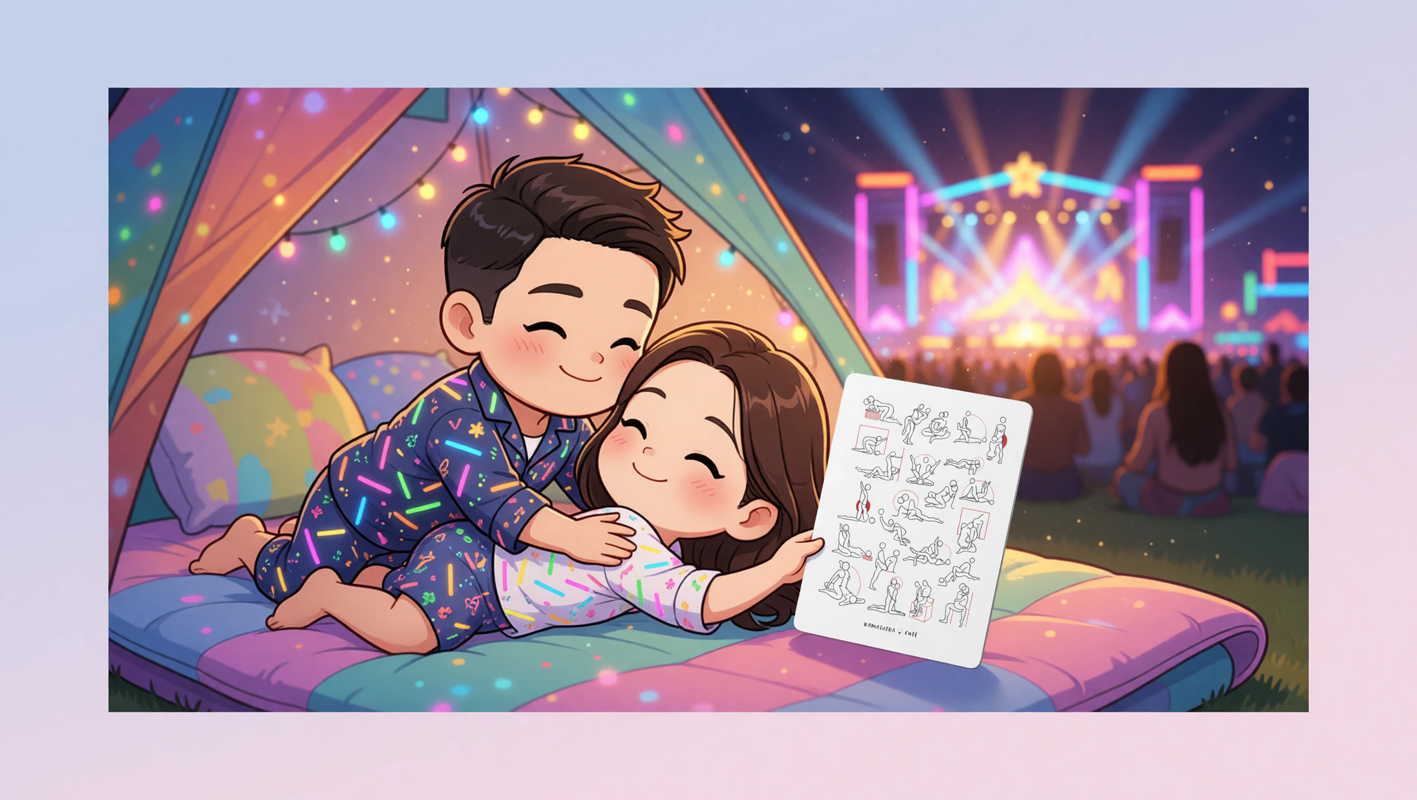 Couple using missionary position in a festival tent at night