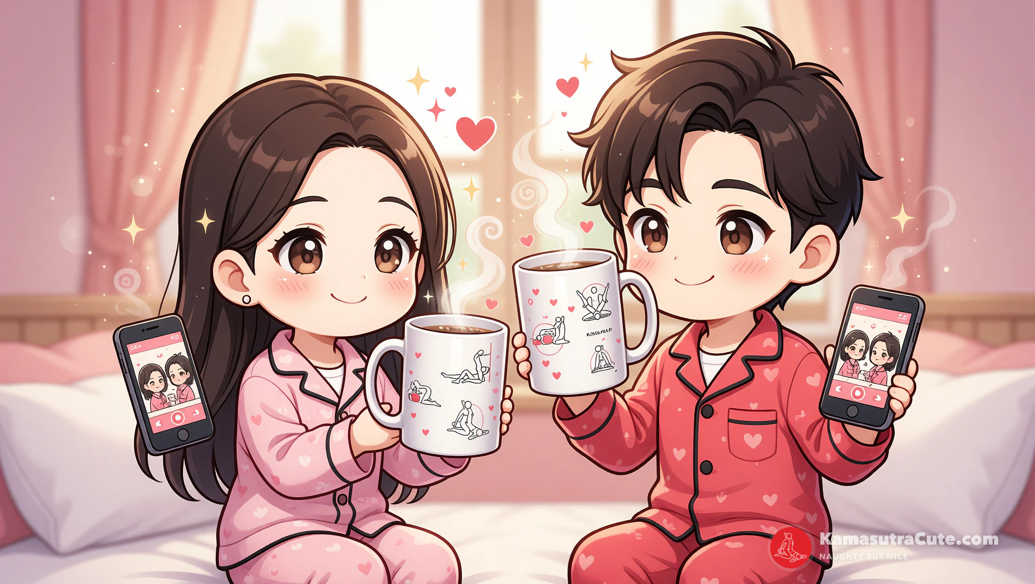 Long-distance couple sharing flirty morning coffee ritual with Kamasutra Cute White Glossy Mugs on video call.