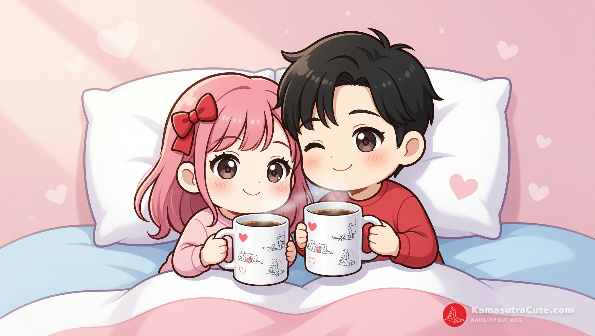 Couple enjoying morning cuddles and coffee from Kamasutra Cute white glossy mugs in bed.
