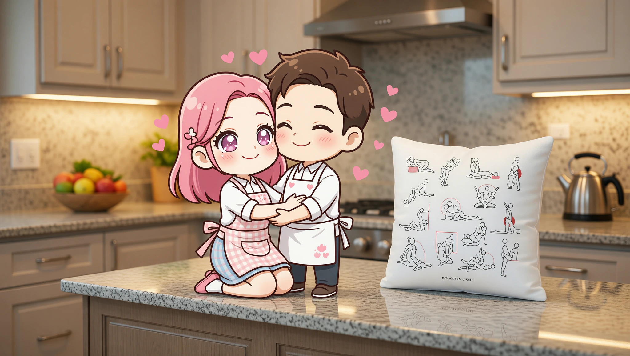 Heterosexual couple sharing an intimate moment on a kitchen countertop.