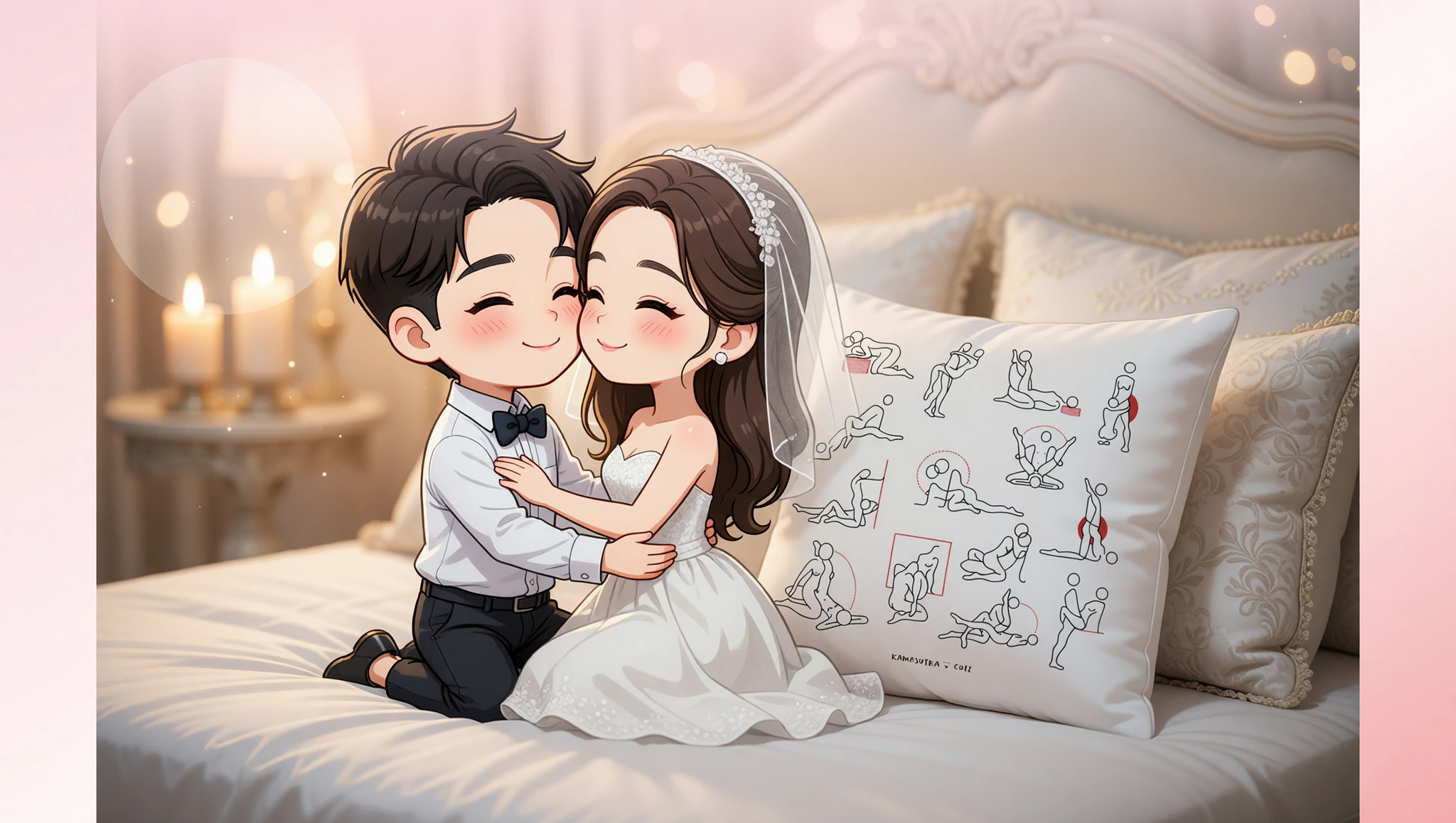 Newlywed couple igniting vow renewed heat in an intimate bedroom embrace.