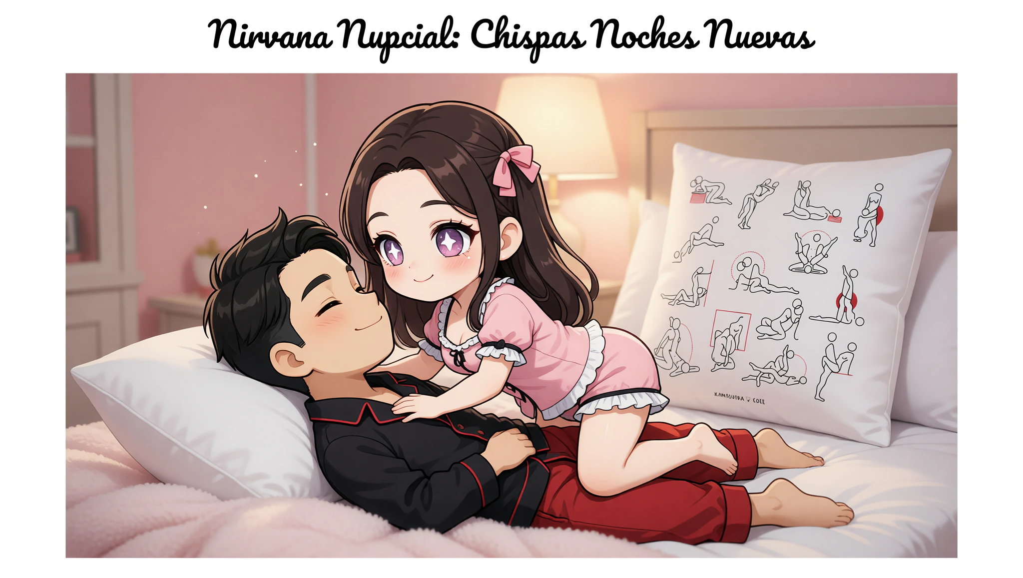 Pareja heterosexual disfrutando apasionadamente la pose de vaquera con almohadas, conexión íntima y luces suaves.