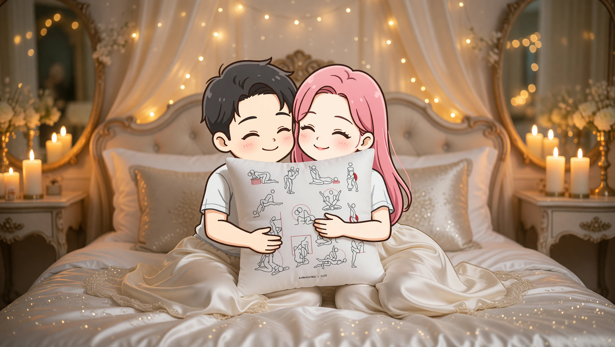 A loving couple embraces in their opulent bedroom oasis adorned with silk sheets, candles, and seductive decor.