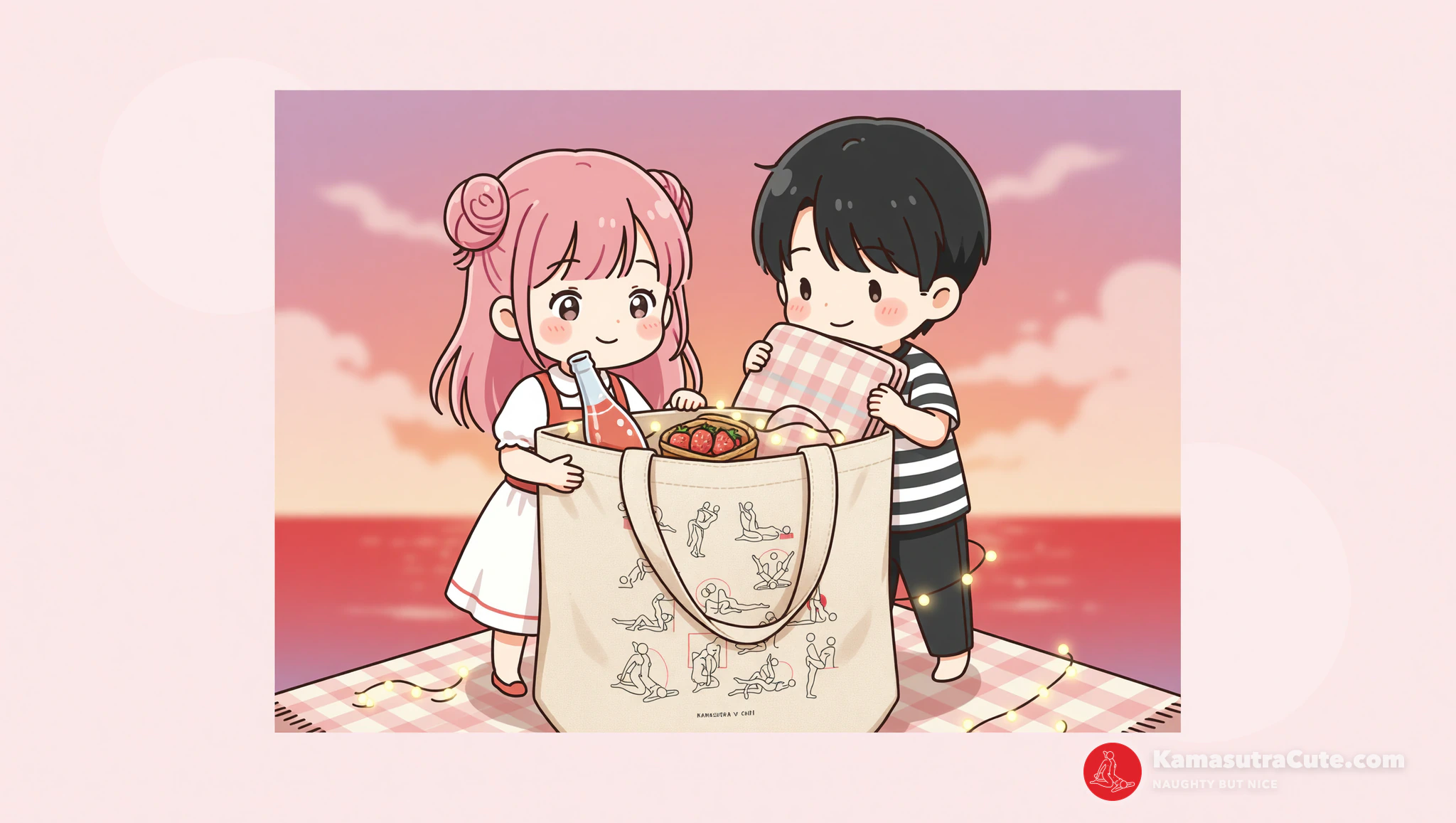 Ultimate sunset picnic setup with Kamasutra Cute - Eco Tote Bag essentials