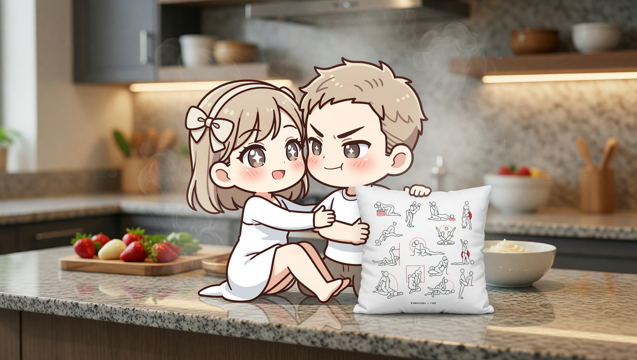 Pareja heterosexual disfrutando con pasión de una postura sexual en la encimera de su cocina hogareña.