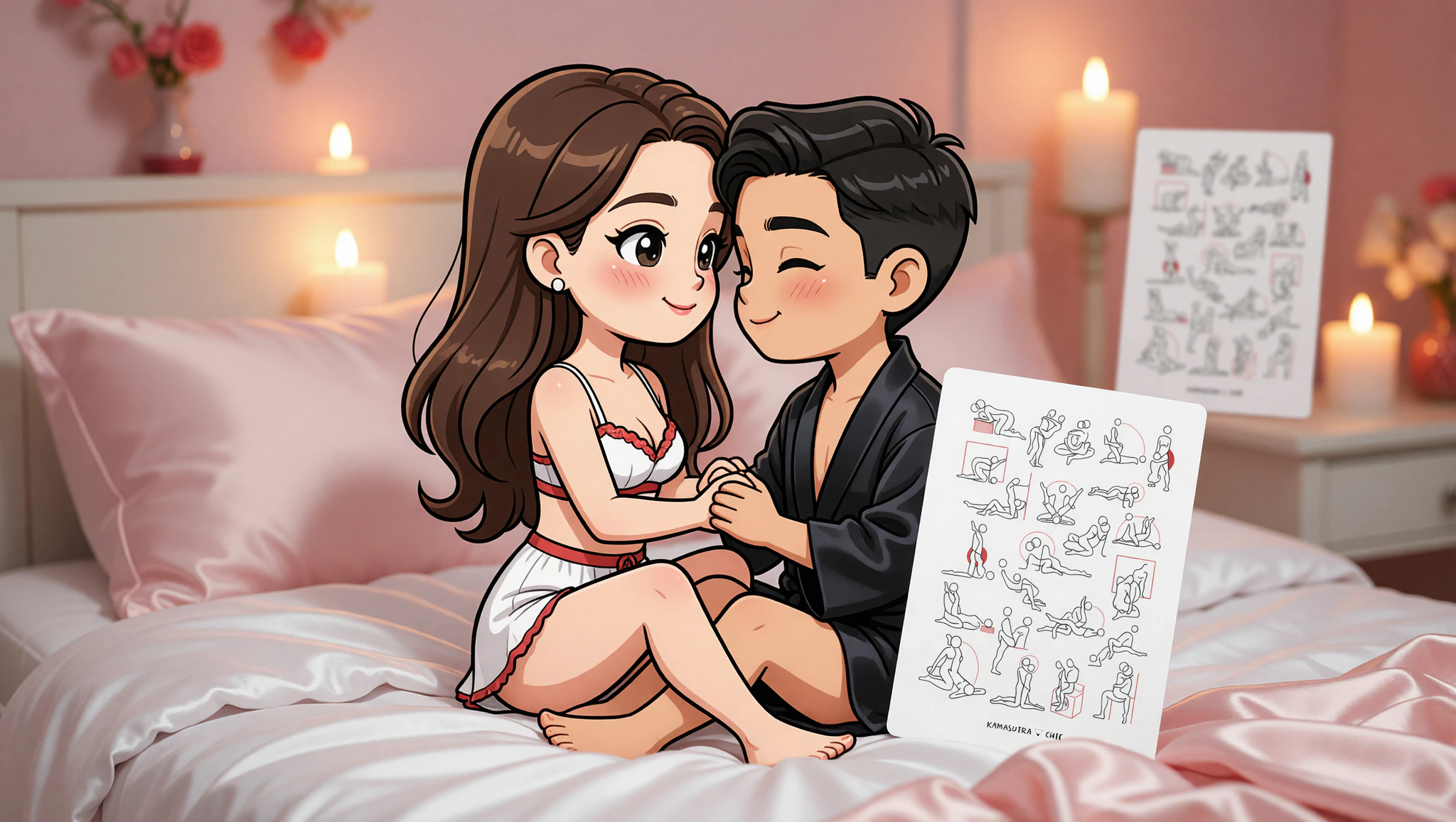 Newlywed couple in a tender Lotus Embrace position, embodying passionate Kamasutra nights.