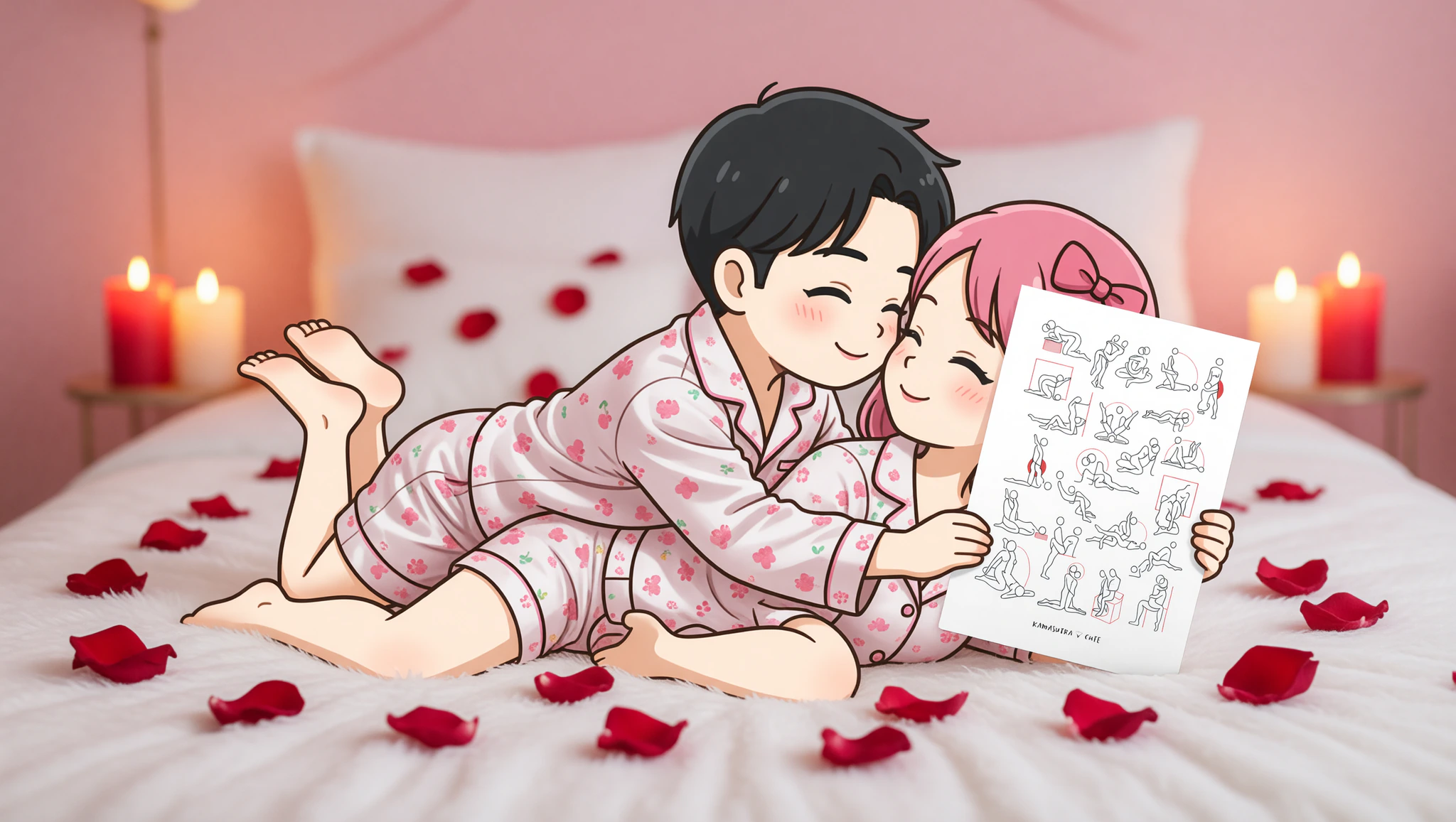 Newlywed couple passionately exploring a missionary twist on their honeymoon bed amid romantic rose petals.