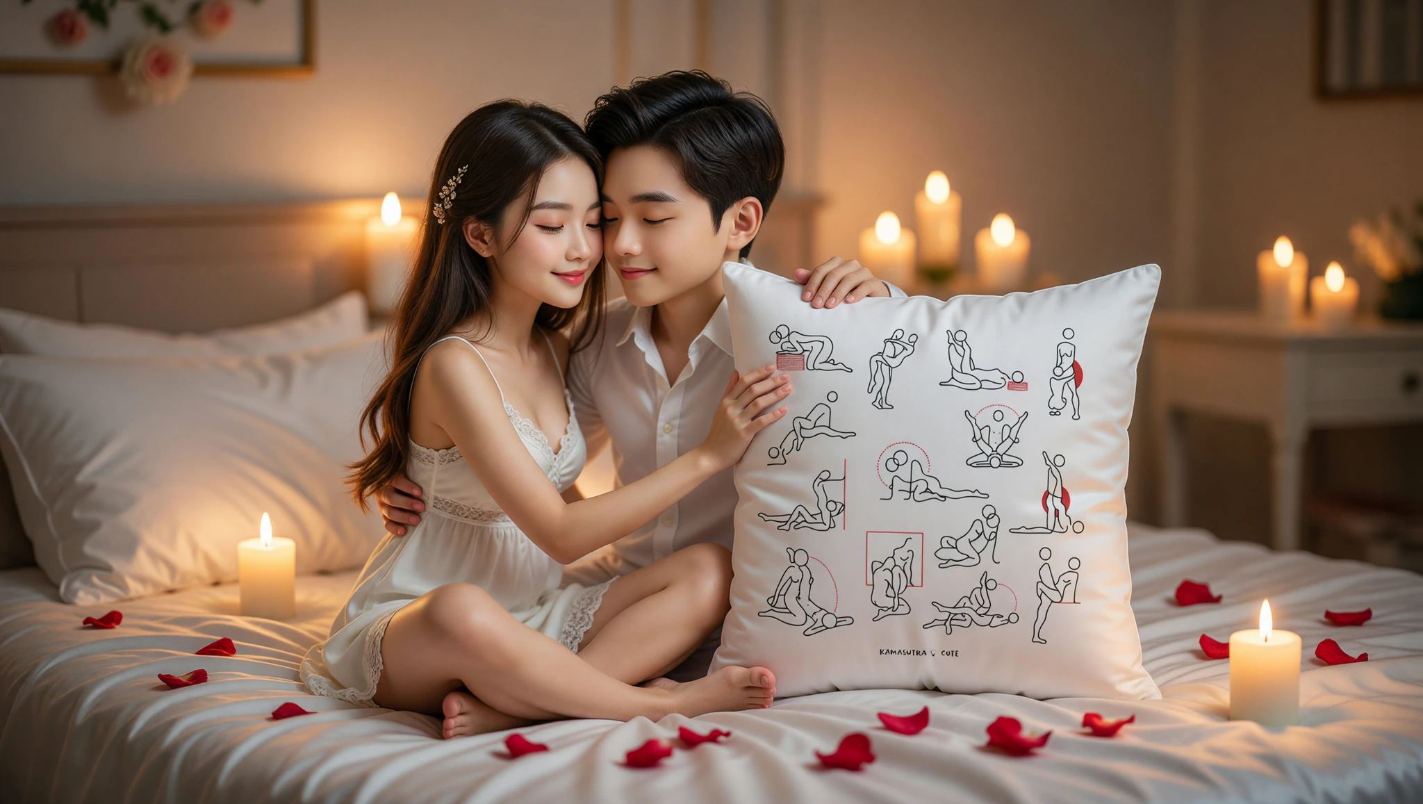 Ein verliebtes Paar in der Lotus-Stellung, eng umschlungen bei Kerzenlicht zur Feier der Eid-Erneuerung.