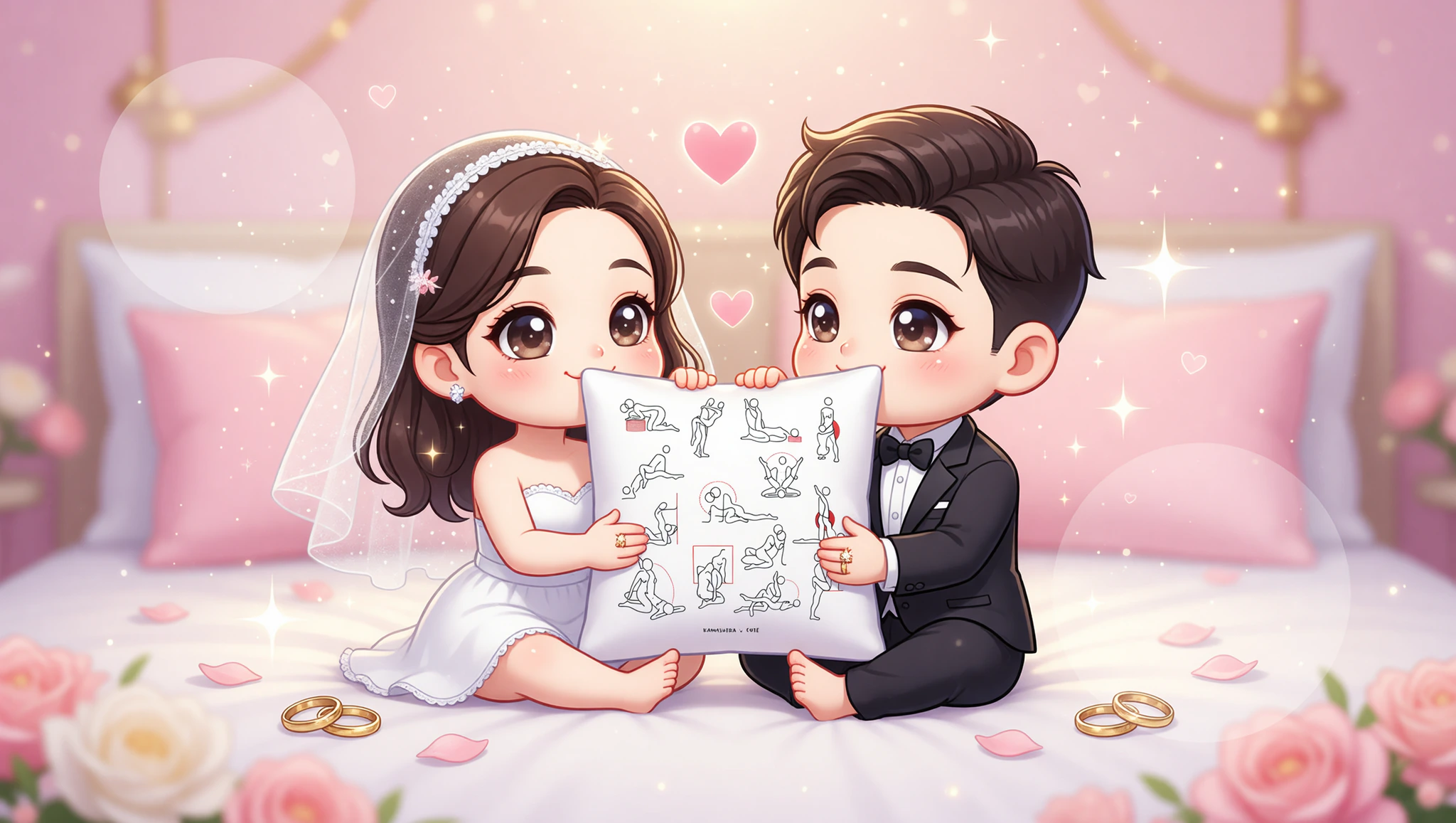 Newlywed couple embracing intimately in the lotus position on a cozy bed.