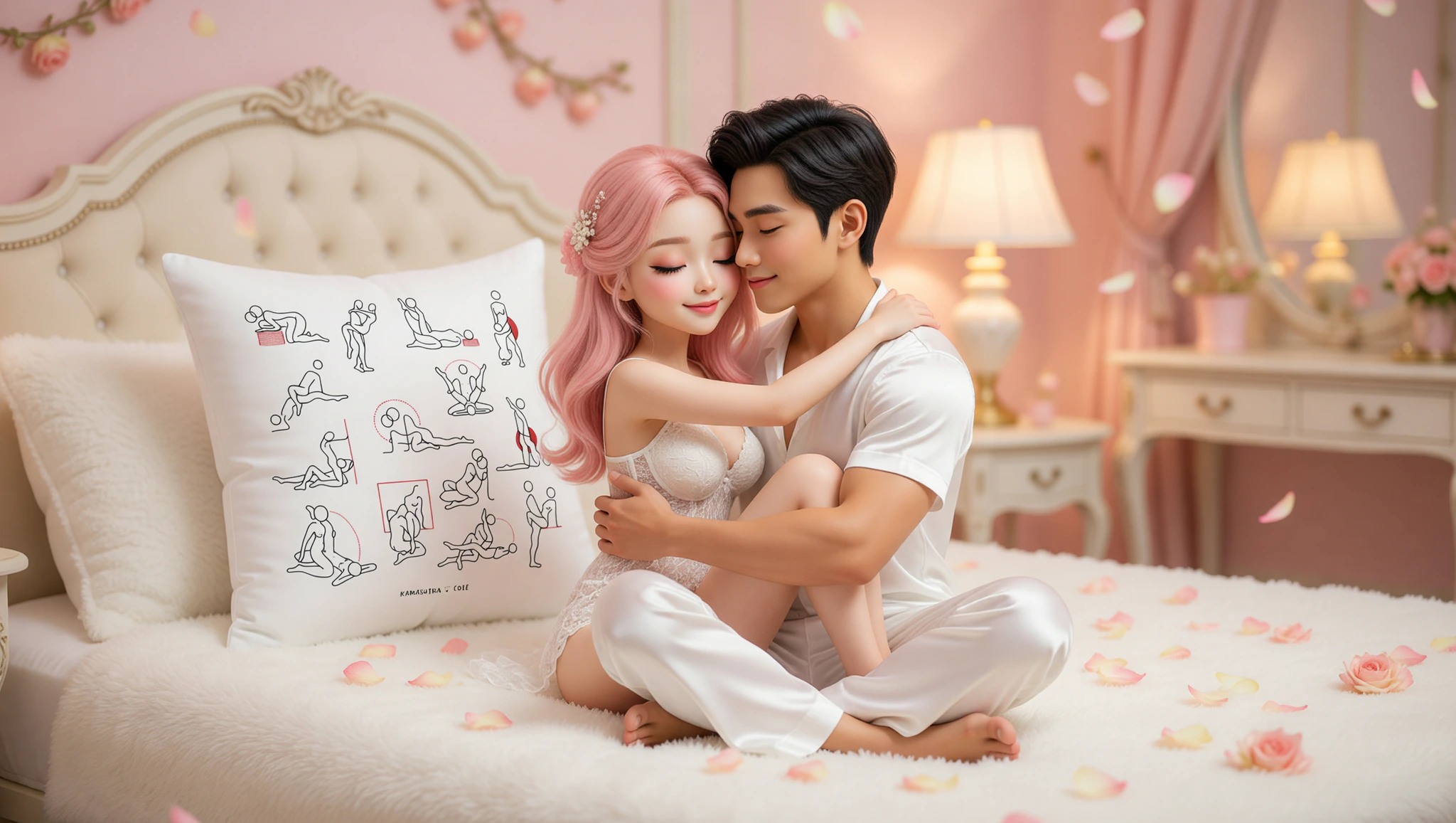 Newlywed man and woman locked in a lotus position on their bed.