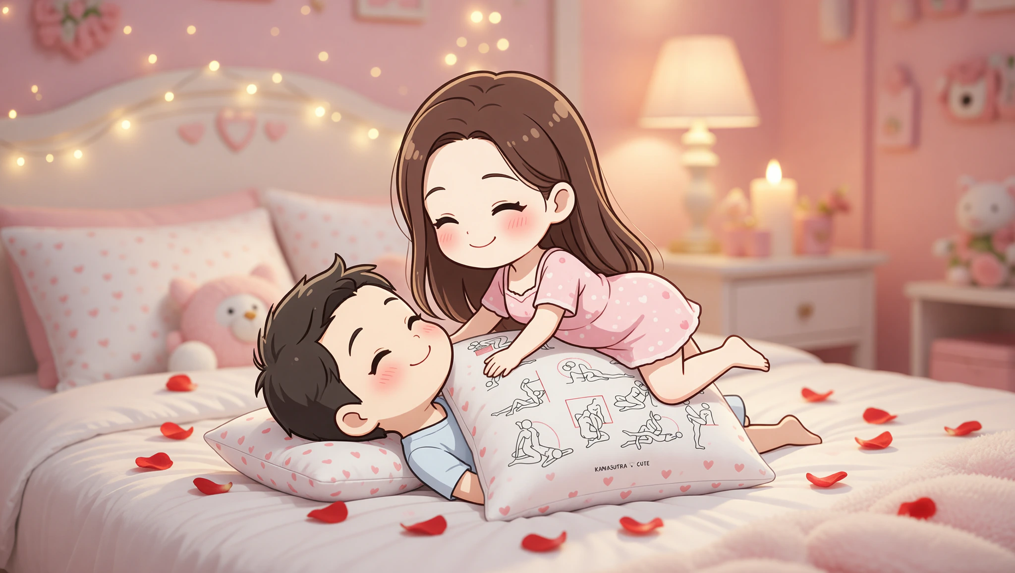 A man and woman in a passionate cowgirl position using the Kamasutra Cute - Basic Pillow during their anniversary night.