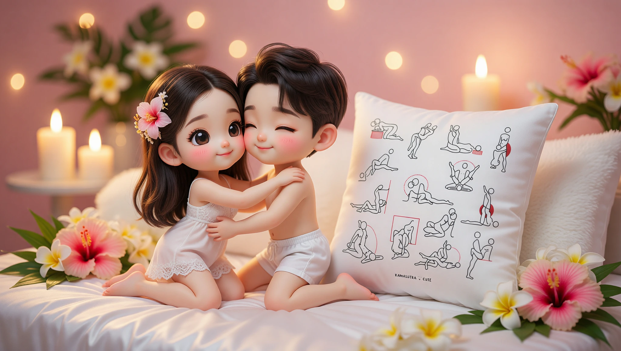 Newlywed couple sharing a tender yet fiery elevated missionary moment on their honeymoon bed.