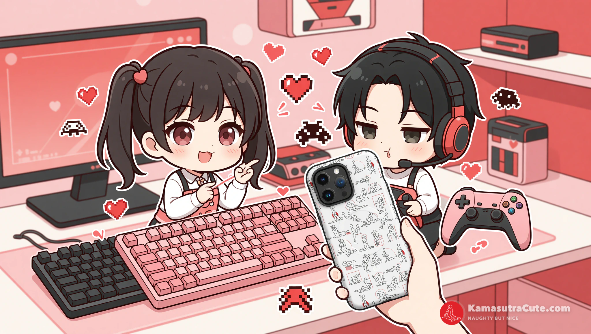 Couple debating PC vs console gaming with flirty cuddles and controllers.