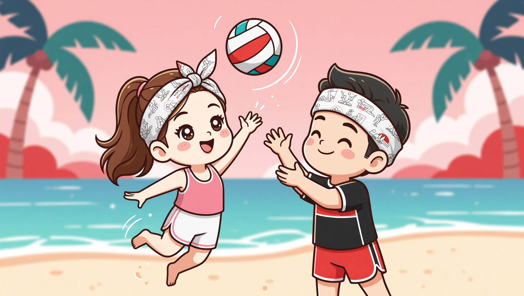 Chibi couple in Kamasutra Cute bandanas spiking beach volleyball.