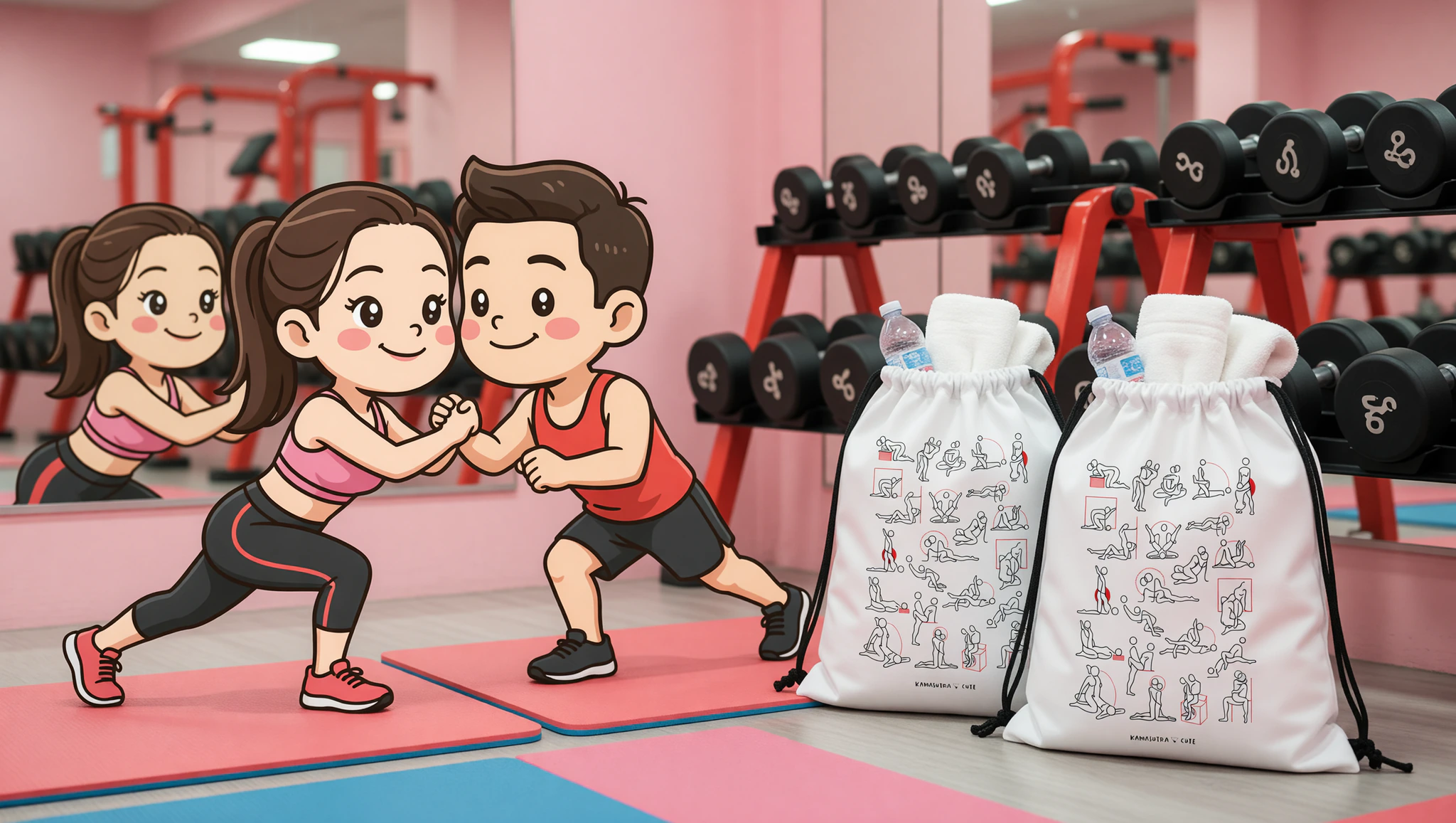 Couple enjoying flirty gym plank workout with drawstring bags