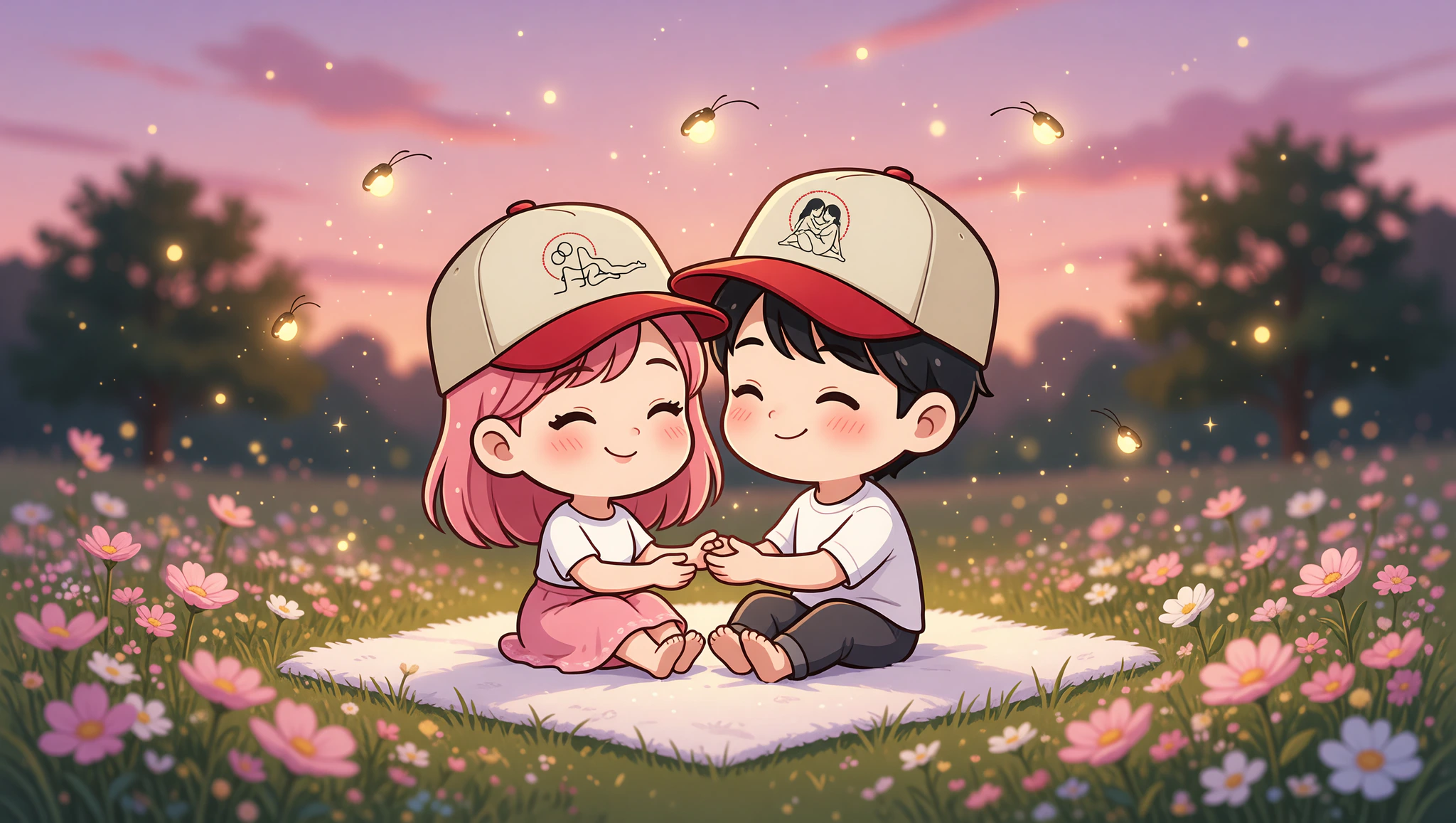 Chibi couple in Kamasutra Cute caps enjoying firefly watching date