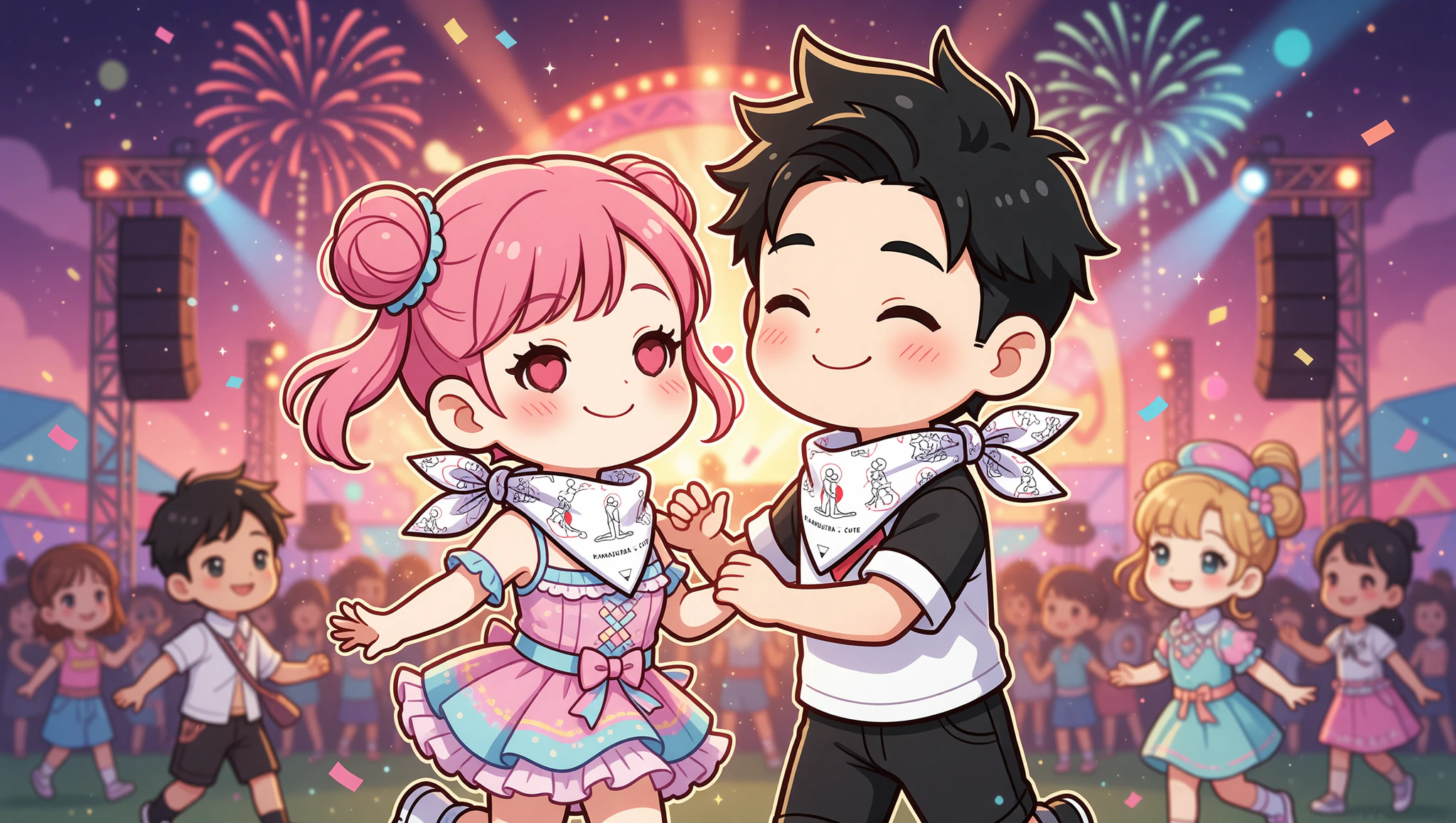 Chibi couple dancing at festival in Kamasutra Cute bandanas