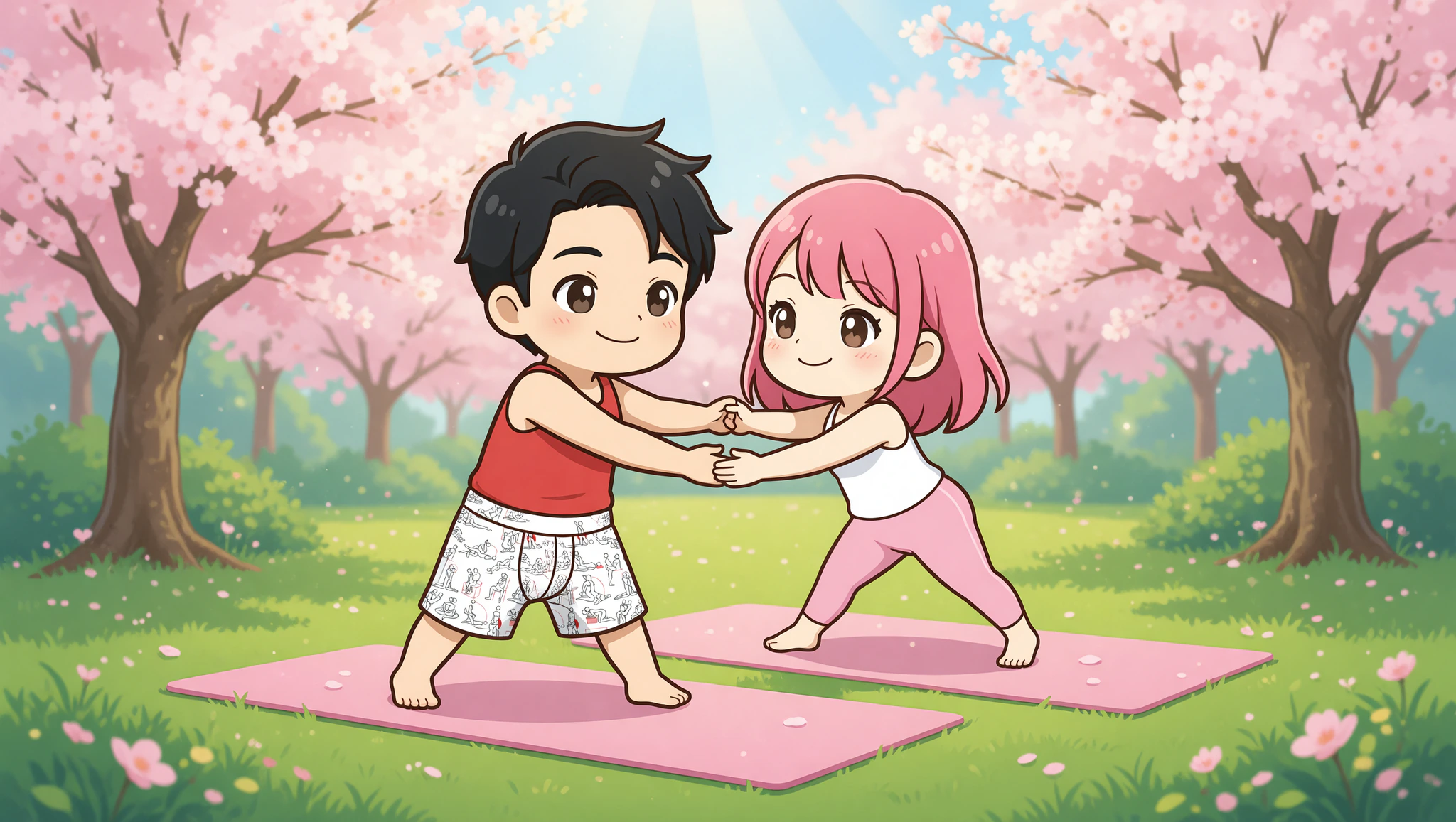 Smiling couple in flirty partner yoga during outdoor workout date.