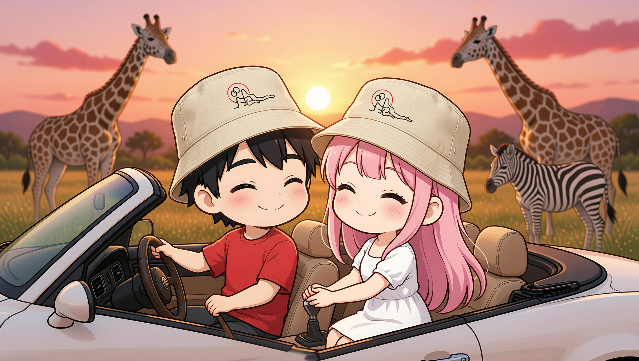 Couple wearing Kamasutra Cute - Organic bucket hats on flirty safari drive-thru date