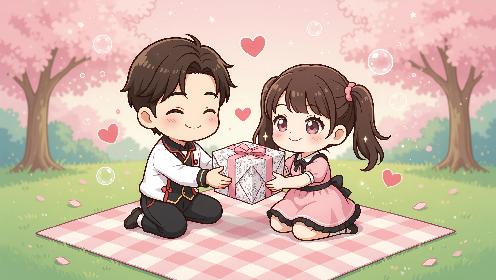 Chibi couple sharing flirty wrapped gift on picnic date