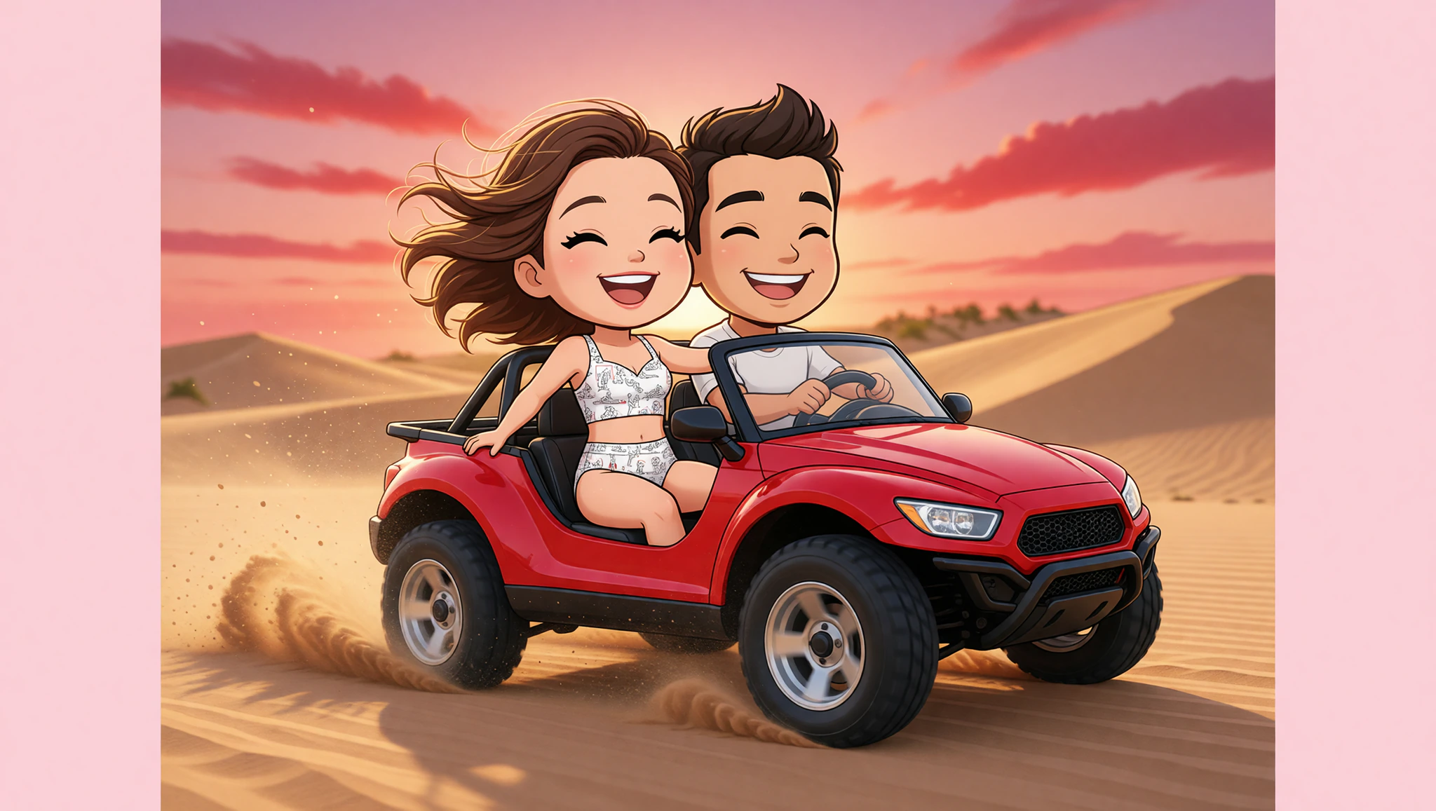 Couple on dune buggy beach adventure in high-waisted bikini