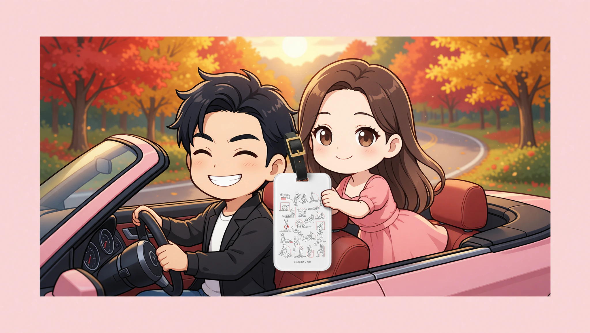 Couple on fall foliage drive showing off Kamasutra Cute - Luggage tag