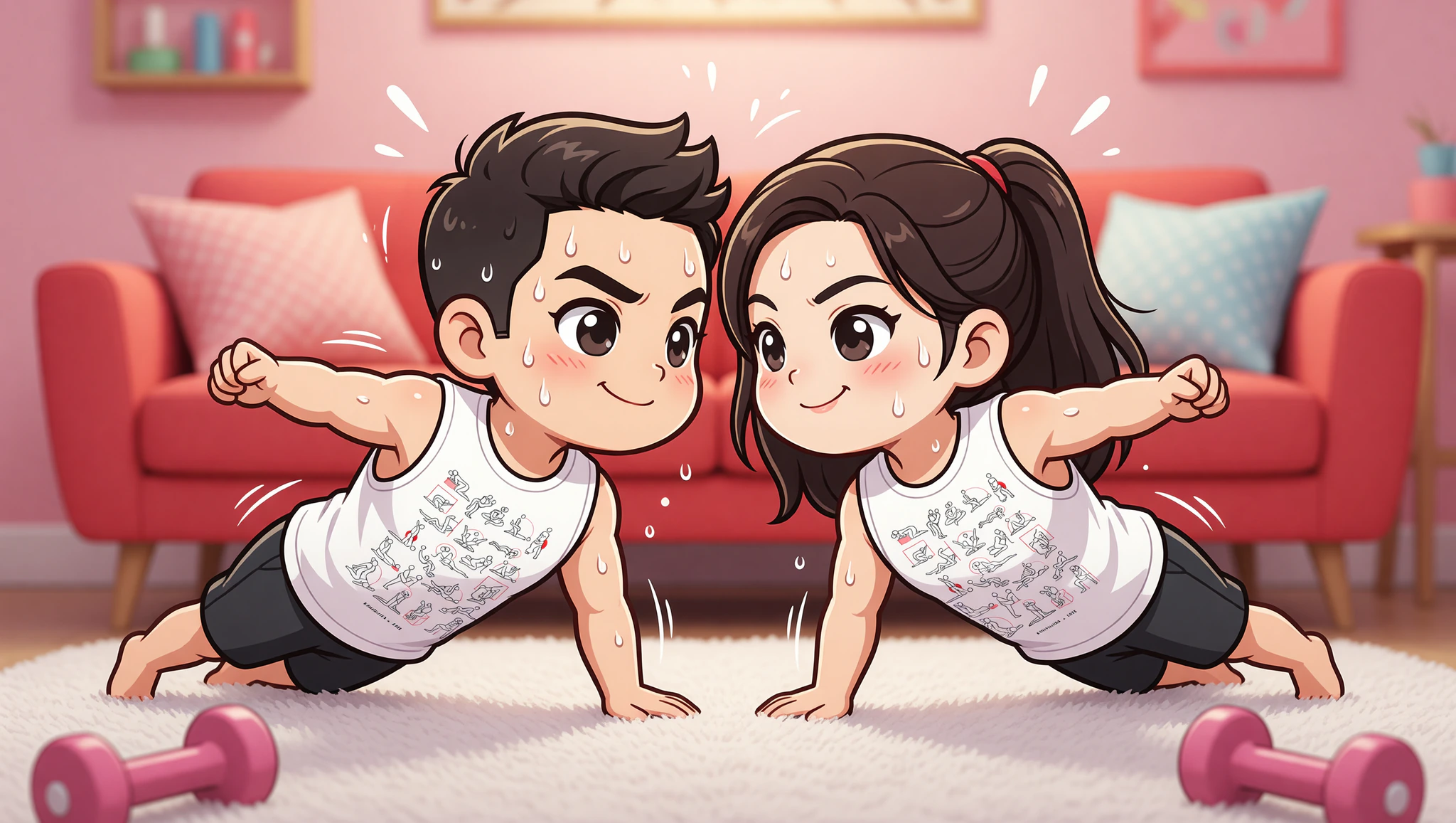 Couple rocking Kamasutra Cute Muscle Shirts in flirty home HIIT plank showdown.