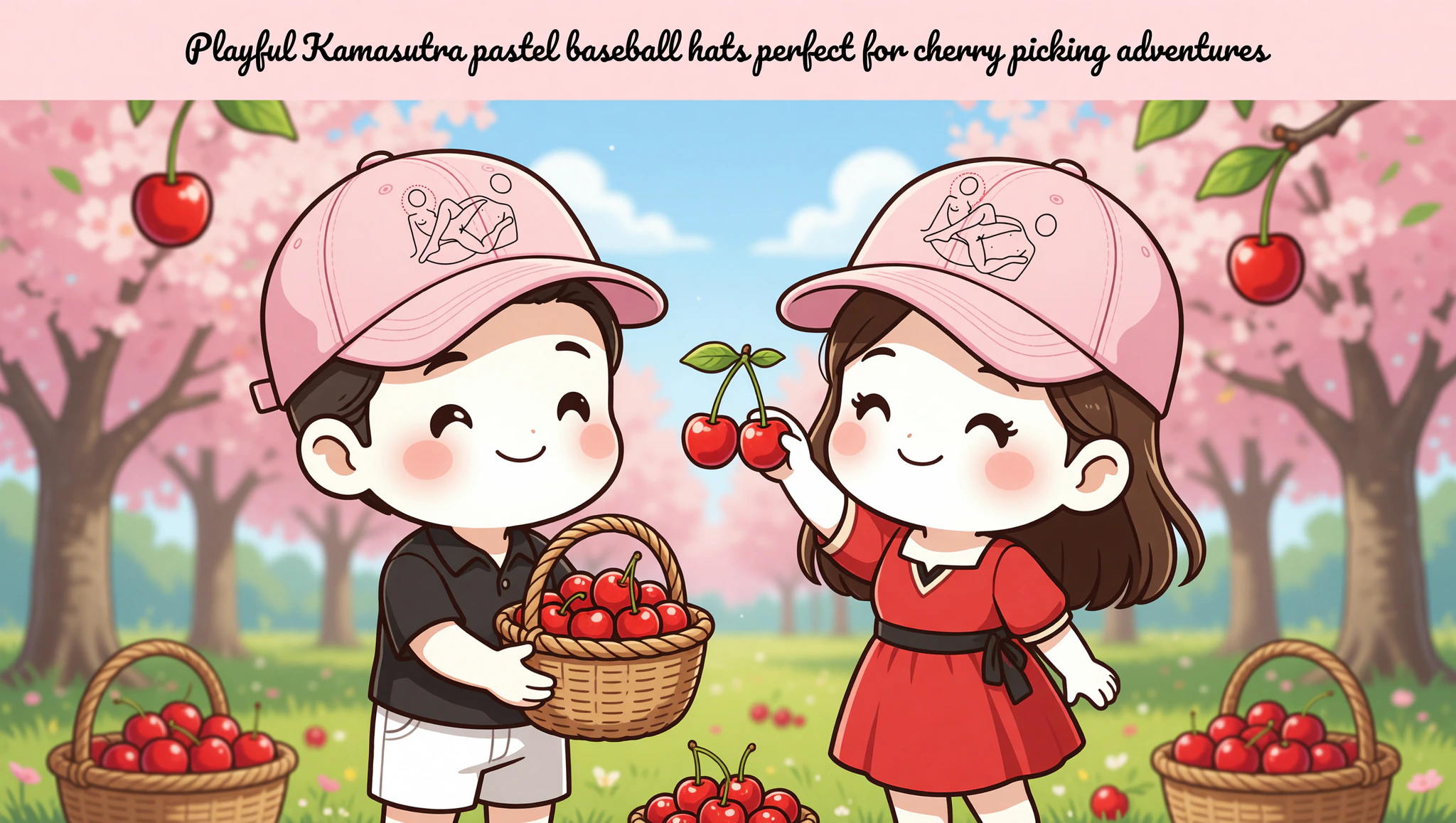 Chibi couple in pastel Kamasutra hats cherry picking