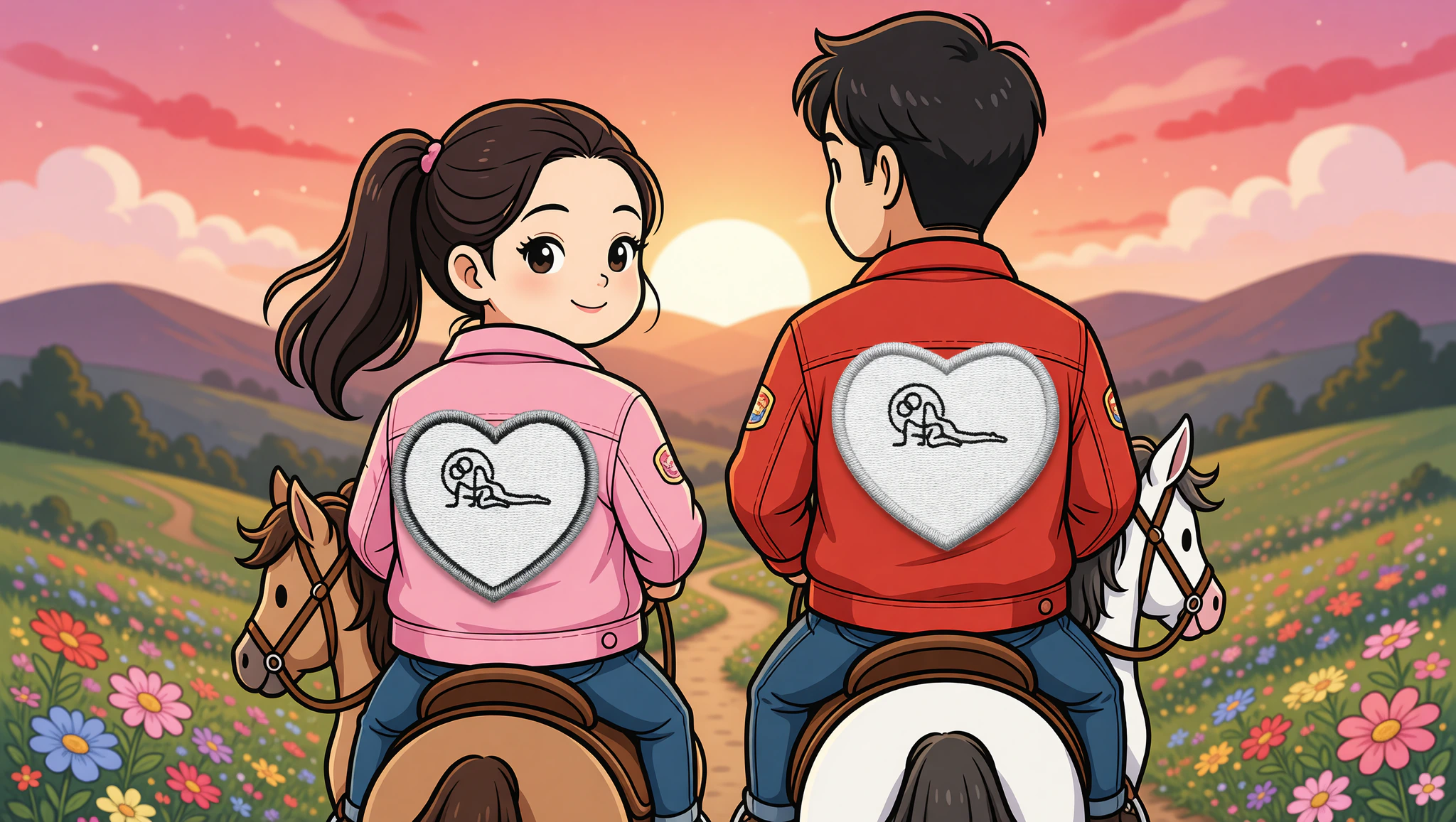 Chibi couple on horseback with Kamasutra Cute patches at sunset
