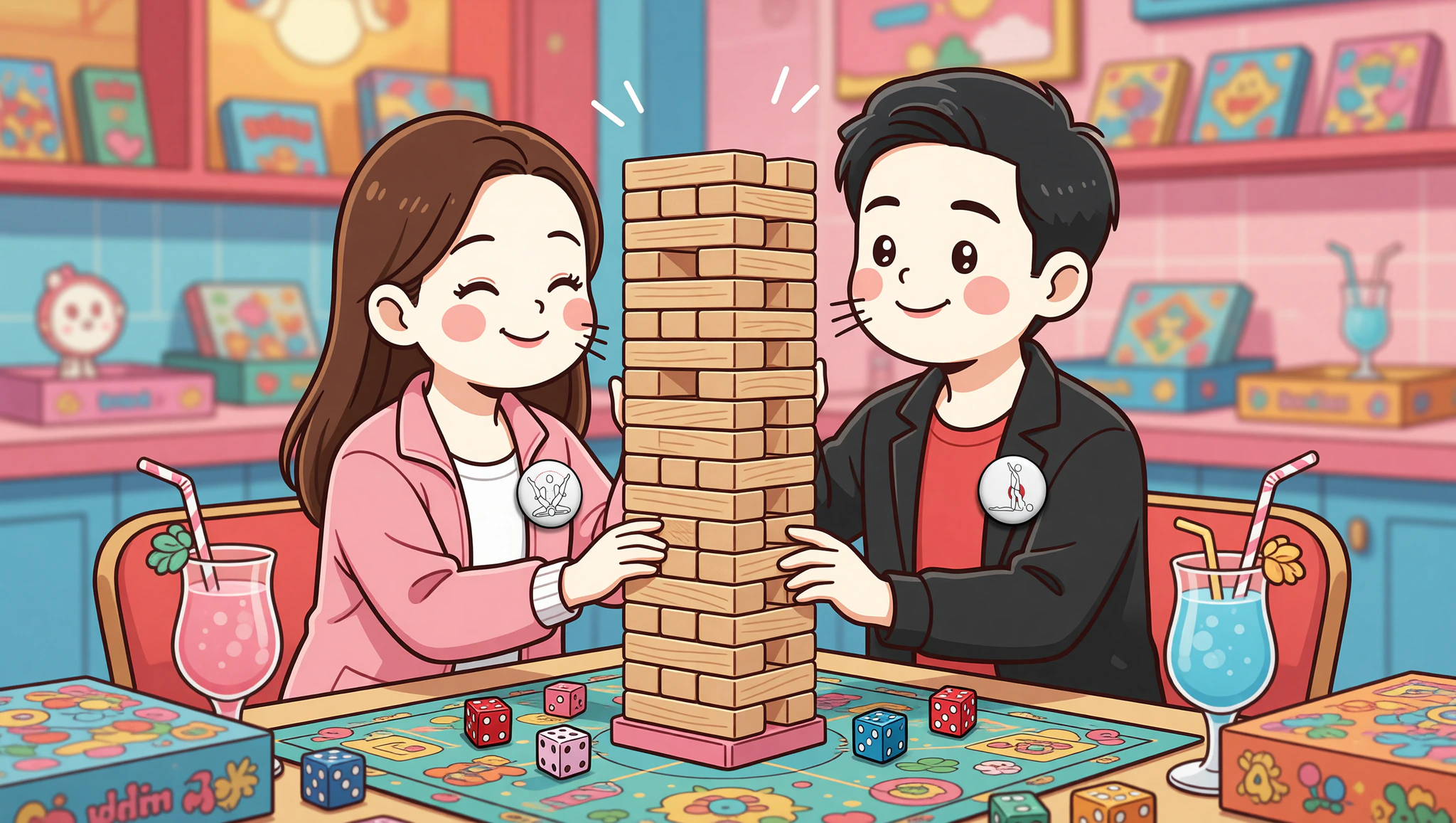 Chibi couple playing Jenga at game cafe with Kamasutra cute pins