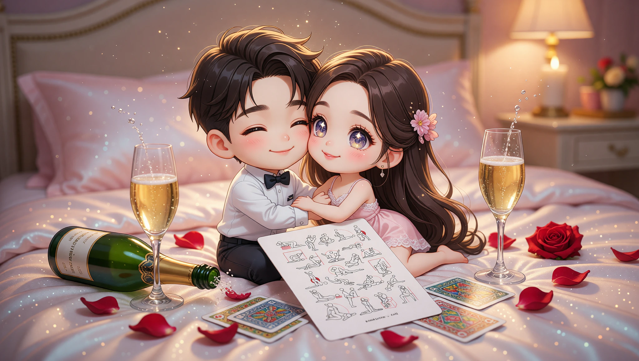 Ein verliebtes Paar gießt Sekt spiralförmig über sich in einer verspielten Kamasutra-Pose zum Jahrestag.