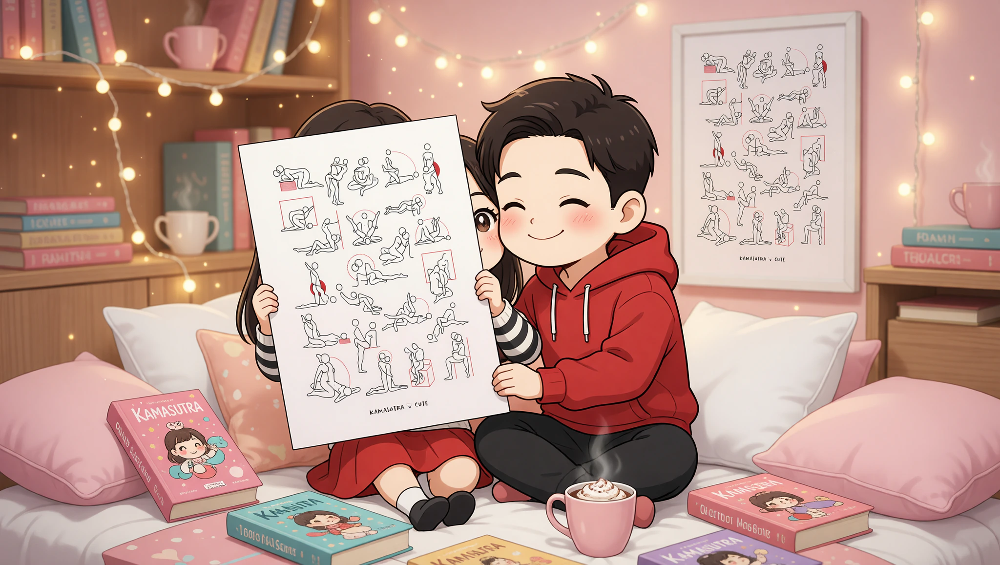 Couple enjoying book nook date inspired by Kamasutra Cute framed poster